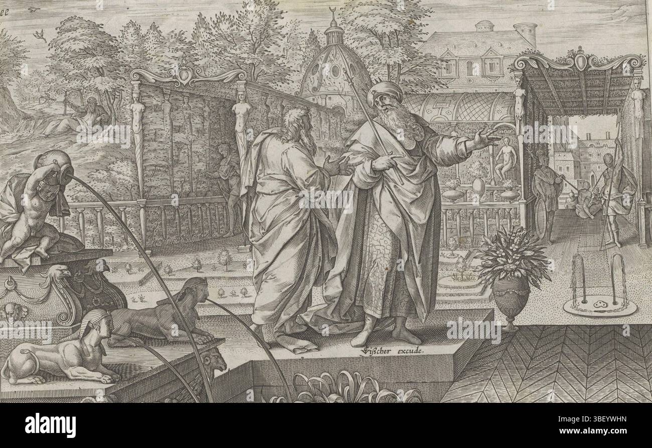 Alkmaar, Schabaelje, Jan Philipsz, Amsterdam, Visscher, Claes Jansz. (II), Snellinck, Jan (I), Den Grooten Figuer-Bibel, History of Elijah, Gheschiedenissen en Israël, Van Achab et Elias, Elijah prédit qu'il y aura sécheresse, en bas à droite - écrit à la main à l'encre brune, Elijah prédit au roi Achab qu'il n'y aura pas de rosée ou de pluie pendant un certain nombre d'années. Sur la gauche dans le fond est Elijah au ruisseau Kirit où les corbeaux le nourrissent. Sous la représentation une référence en latin au texte de la Bible dans 1 Roi 17 :1. Cette impression fait partie d'un album., impression, feuille d'albumsheet, impressions, 186, hauteur 203 mm, Banque D'Images