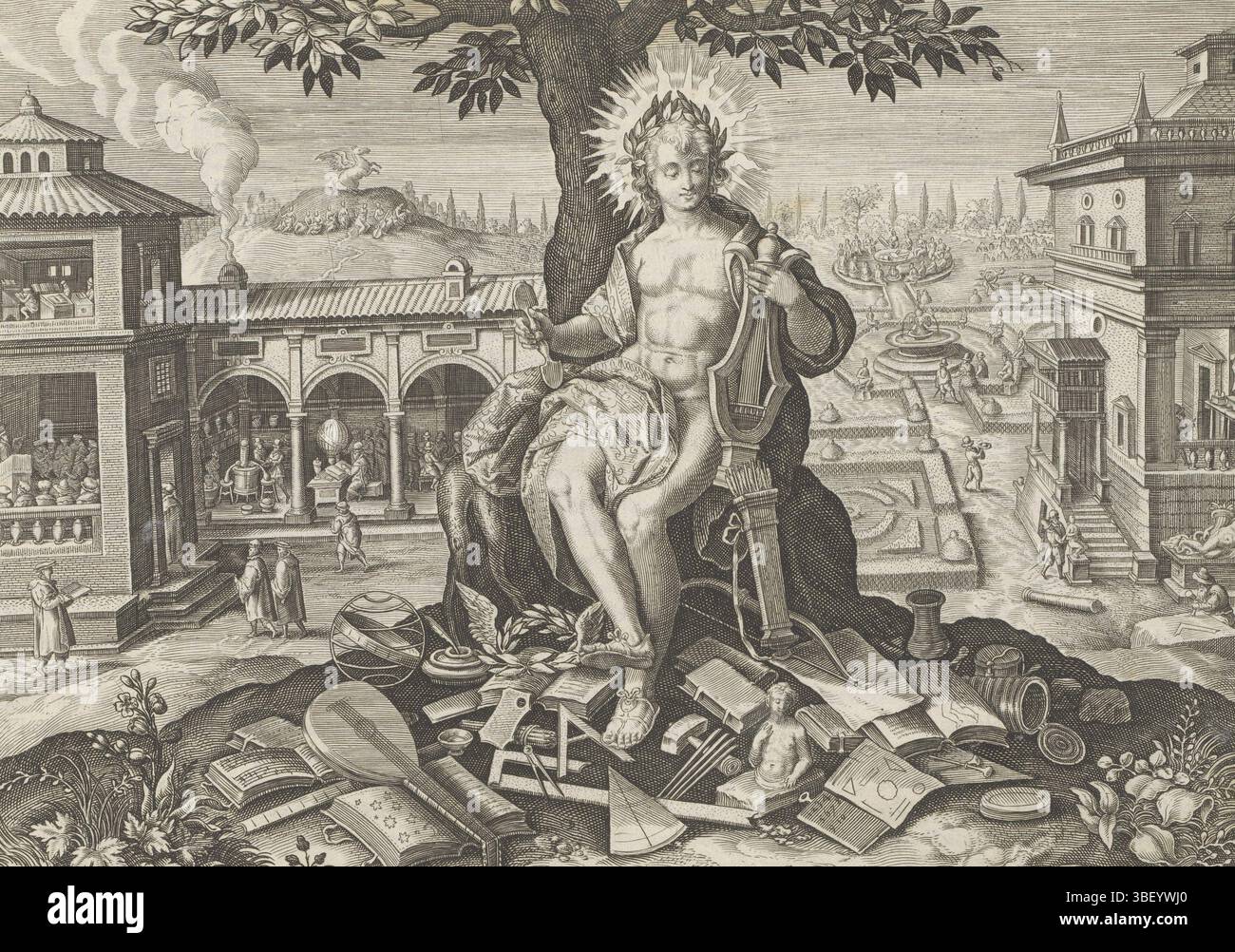 Alkmaar, Schabaelje, Jan Philipsz, Amsterdam, Visscher, Claes Jansz. (II), Straet, Jan van der, Sadeler, Johann (I), den Grooten Figuer-Bibel, principales activités d'un prince, Van den Coninck Salomon, Litterae, Geleertheyt as, Apollon comme motif des arts, centre au-dessus - gravé sur bande de papier collée, Apollon avec son treuil comme motif des art. Il est entouré d'instruments scientifiques utilisés pour la pratique des sept arts libres, de la peinture et de la sculpture (dont un treuil, un livre de musique, un globe, un angle de mesure, une boussole, un pinceau et un buste). Une académie des sciences avec des scientifiques sur Banque D'Images