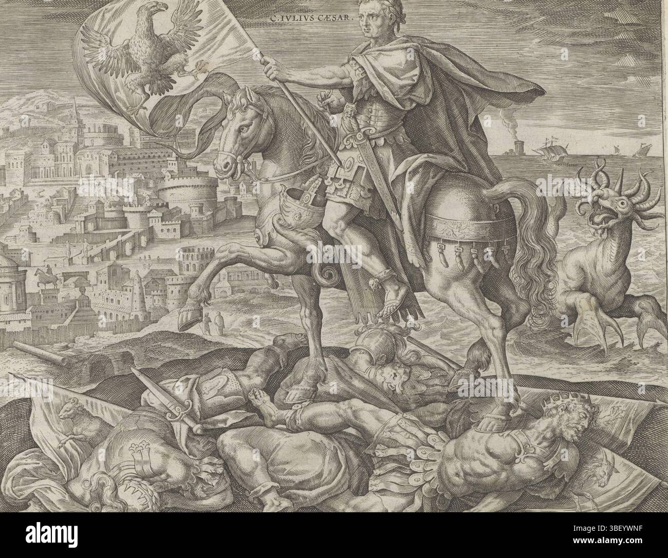 Alkmaar, Schabaelje, Jan Philipsz, Amsterdam, Visscher, Claes Jansz. (II), vos, Maerten de, Collaert, Adriaen, den Grooten Figuer-Bibel, émergence de quatre empires et quatre souverains de la vision de Daniel, des quatre Rois, Jules César comme quatrième roi de la vision de Daniel, en bas à droite - écrit à la main à l'encre brune, Jules César monte sur un cheval, dans sa main un drapeau à l'image d'un aigle (Rome). Le cheval pivote le roi Cyrus de Perse, Ninus de Babylone et Alexandre le Grand. En arrière-plan, un visage de ville. A côté de Jules César, un monstre polygonal émerge de la mer, un referen Banque D'Images