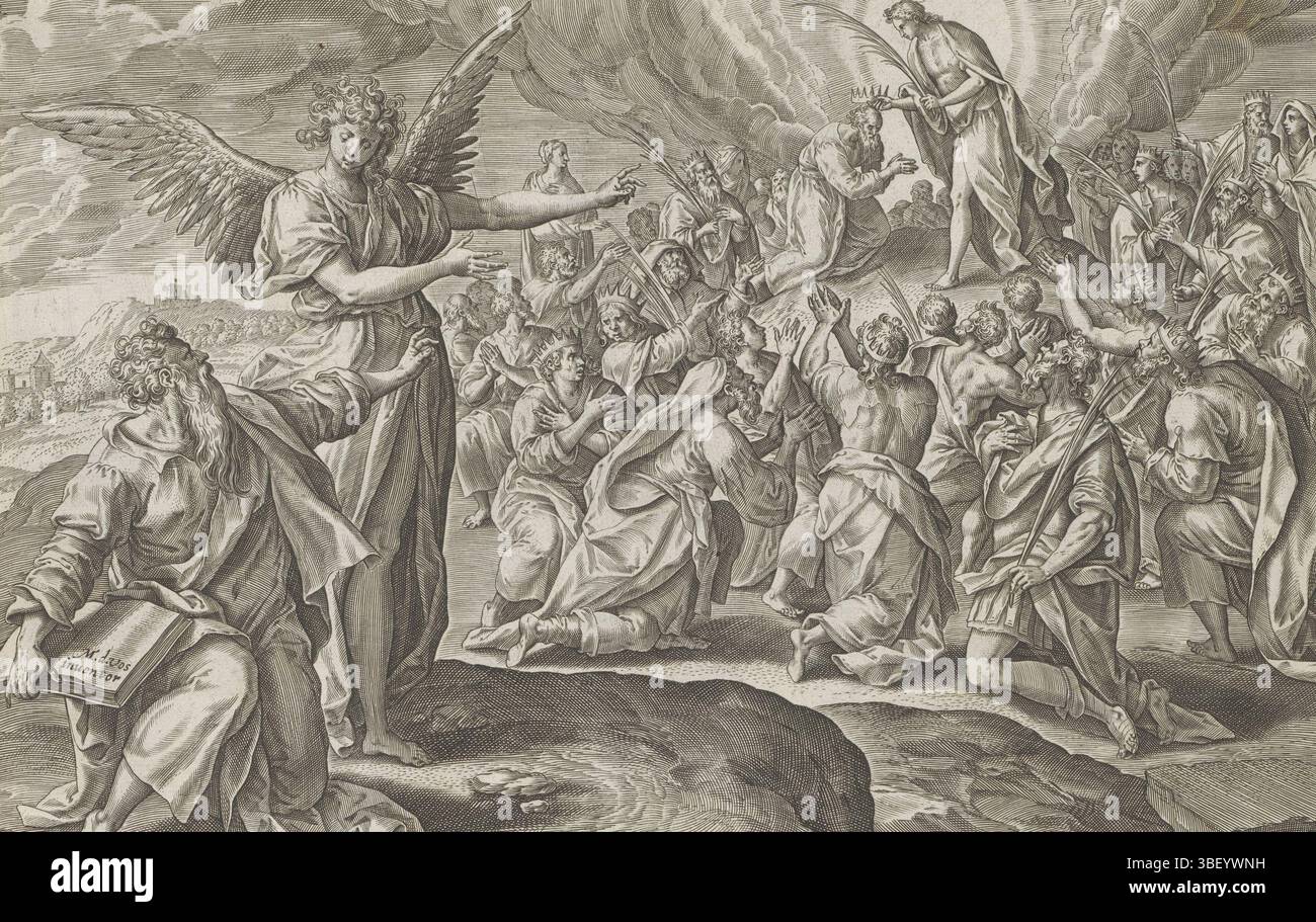 Alkmaar, Schabaelje, Jan Philipsz, Amsterdam, Visscher, Claes Jansz. (II) Fox, Maerten de, Den Grooten Figuer-Bibel, visions of Ezra, Van Esdras et Néhémias, première vision d'Esdras : le fils de Dieu couronne la foule, sous la droite - écrit à la main à l'encre brune, Esdras est assis à droite au premier plan et est pointé à une vision par un ange. Esdras voit le fils de Dieu sur le mont Sion, qui couronne les hommes et tend la main à leurs branches de palmier. Sous la représentation une référence en latin au texte apocryphe de la Bible dans 4 Esdras 2 :42. Cette impression fait partie d'un album., impression, feuille d'albumsheet, impressions, 280, hauteur 205 mm, largeur 29 Banque D'Images