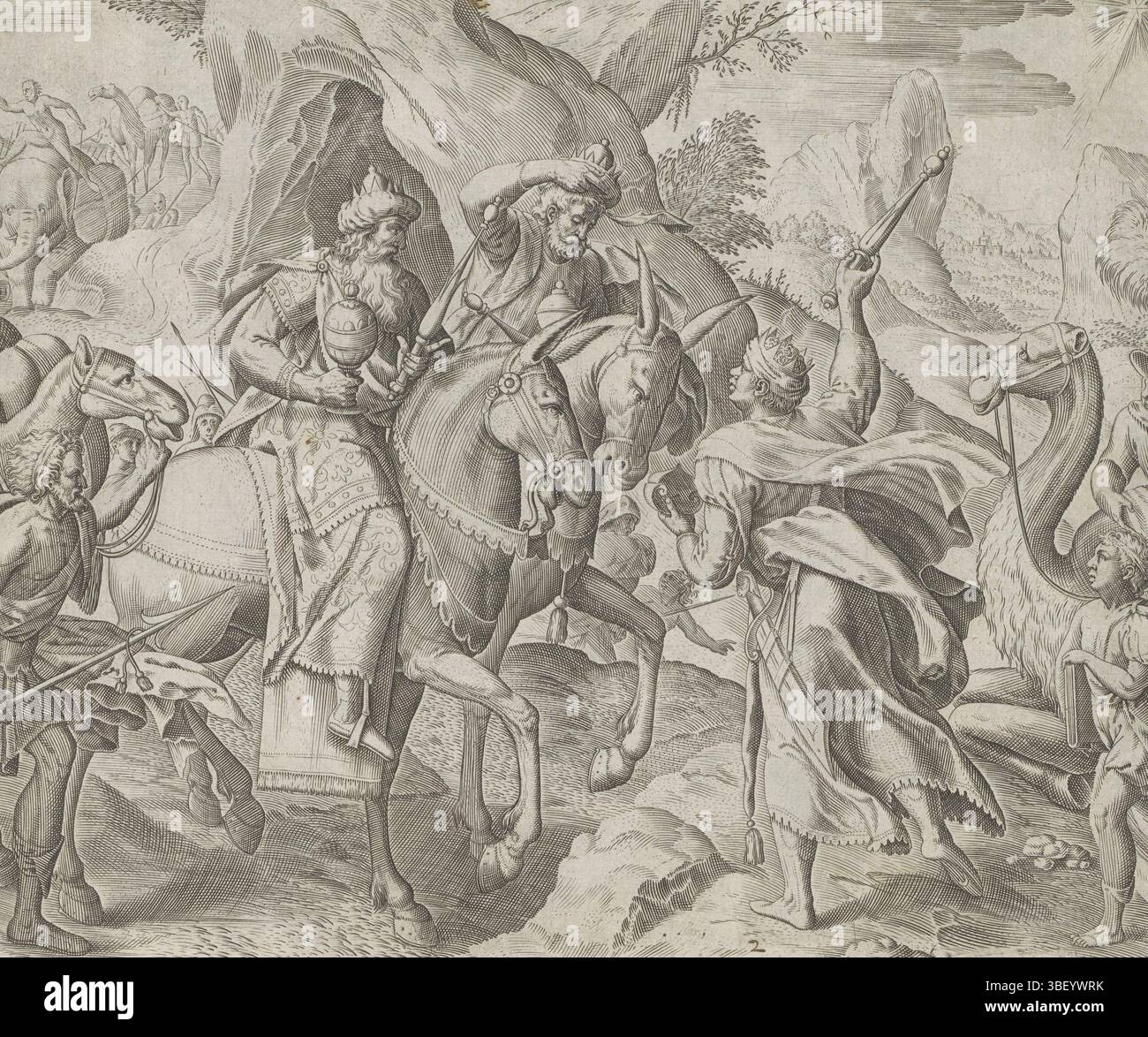 Alkmaar, Schabaelje, Jan Philipsz, Amsterdam, Visscher, Claes Jansz. II), Groeningen, Gerard van, Sadeler, Johann (I), den Grooten Figuer-Bibel, Jeunesse du Christ, Van de Wysen uyt den Oosten, rencontre et voyage des trois rois, ci-dessous à droite - manuscrits à l'encre brune, les trois rois se rencontrent à un carrefour et suivent ensemble l'étoile de Bethléem. Le roi noir avec son sceptre pointe vers l'étoile. Sous la représentation une référence en latin au texte de la Bible dans Mat. 2. Cette impression fait partie d'un album., impression, feuille d'albumsheet, impressions, 2, milieu dessous - manuscrit, 16, hauteur 209 mm, largeur 2 Banque D'Images