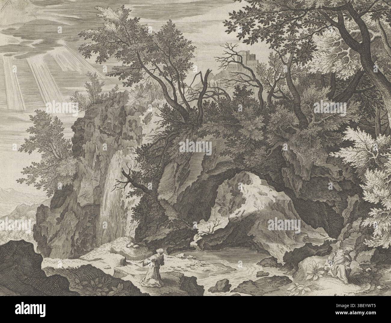 Alkmaar, Schabaelje, Jan Philipsz, Amsterdam, Visscher, Claes Jansz. (II), Brueghel, Jan (I), Sadeler, Aegidius, den Grooten Figuer-Bibel, Van het Doopsel en Bekooringh Christi, Het Leven der Essenen, paysage avec la stigmatisation de Saint François, au milieu de - manuscrit, Rotslandschap rencontre boen. Au premier plan, à gauche, se trouve Saint François. Dans une vision, il voit la croix du Christ et reçoit ses stigmates. Oui, frère Leo. Dans le contexte de l'album et selon la légende, ils illustrent la vie des Esséniens. Cette impression fait partie d'un album., impression, feuille d'albumsheet, impressions Banque D'Images