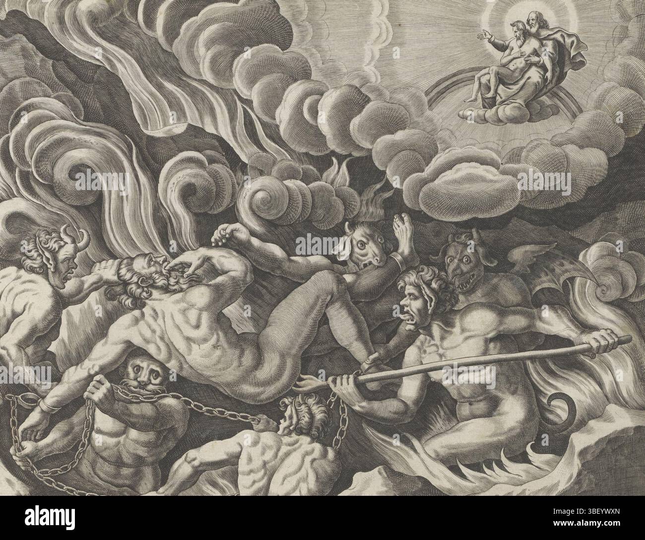 Alkmaar, Schabaelje, Jan Philipsz, Amsterdam, Visscher, Claes Jansz. (II), Galle, Theodoor, Den Grooten Figuer-Bibel, similitude de l'homme riche et pauvre Lazare, Van den Rycken Man et Lasarus, Vision de l'homme riche en enfer, en bas à droite - écrit à la main à l'encre brune, l'homme riche en enfer. Il est en proie à des flammes infernales, des démons et des diables. Dans une vision, il voit le pauvre Lazare sur les genoux d'Abraham. Sous la représentation une référence en latin au texte de la Bible en Luc. 16 :24. Cette impression fait partie d'un album., impression, feuille d'albumsheet, impressions, 98, hauteur 213 mm, largeur 256 mm, imprimeur, 1646 - 1646, papier, enm Banque D'Images