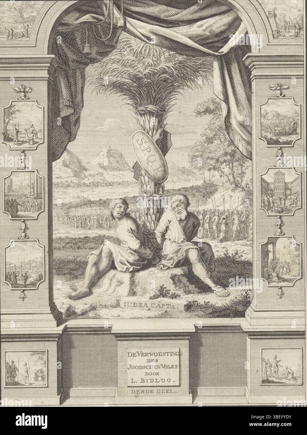 Page d'accueil : Lambert Bidloo, le destructeur du peuple juif, 1727, Juifs enchaînés à un palmier, Amsterdam, vero - estampillé, deux Juifs sont enchaînés à un palmier avec un bouclier avec S.P.Q.R. en arrière-plan une procession avec des prisonniers. Autour d'un rond-point avec diverses performances à faire avec le judaïsme et la suite des Juifs., impression, page de titre, impressions, verso - estampillé, hauteur 188 mm, largeur 144 mm, Néerlandais du Nord, 1700 - 1775-04-24, imprimeur, 1727 - 1727, papier, gravure, gravure, procédé d'impression, conception de travail, selon propre conception par, publication (événement), publication, Néerlandais, éditeur Banque D'Images