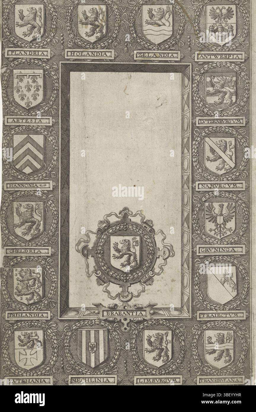 Broeck, Crispijn van den, Bruyn, Abraham The, armes des dix-sept provinces, verso - écrit, au milieu l'arme de la province de Brabant. Autour d'un bord avec des armes des seize autres provinces des Habsbourg pays-Bas., impression, illustration de livre, impressions, verso - estampillé, p :- Homborch, 1612, avec de carte et pourtraits de villes tirer admirablement au naturel, height 286 mm, width 184 mm, 1540 - 1587, printmaker, 1612 - 1612, papier, gravure, procédé d'impression, typographie, impression de livres, conception de travaux, Zuid-Nederlands, 1524 - 1591 Banque D'Images
