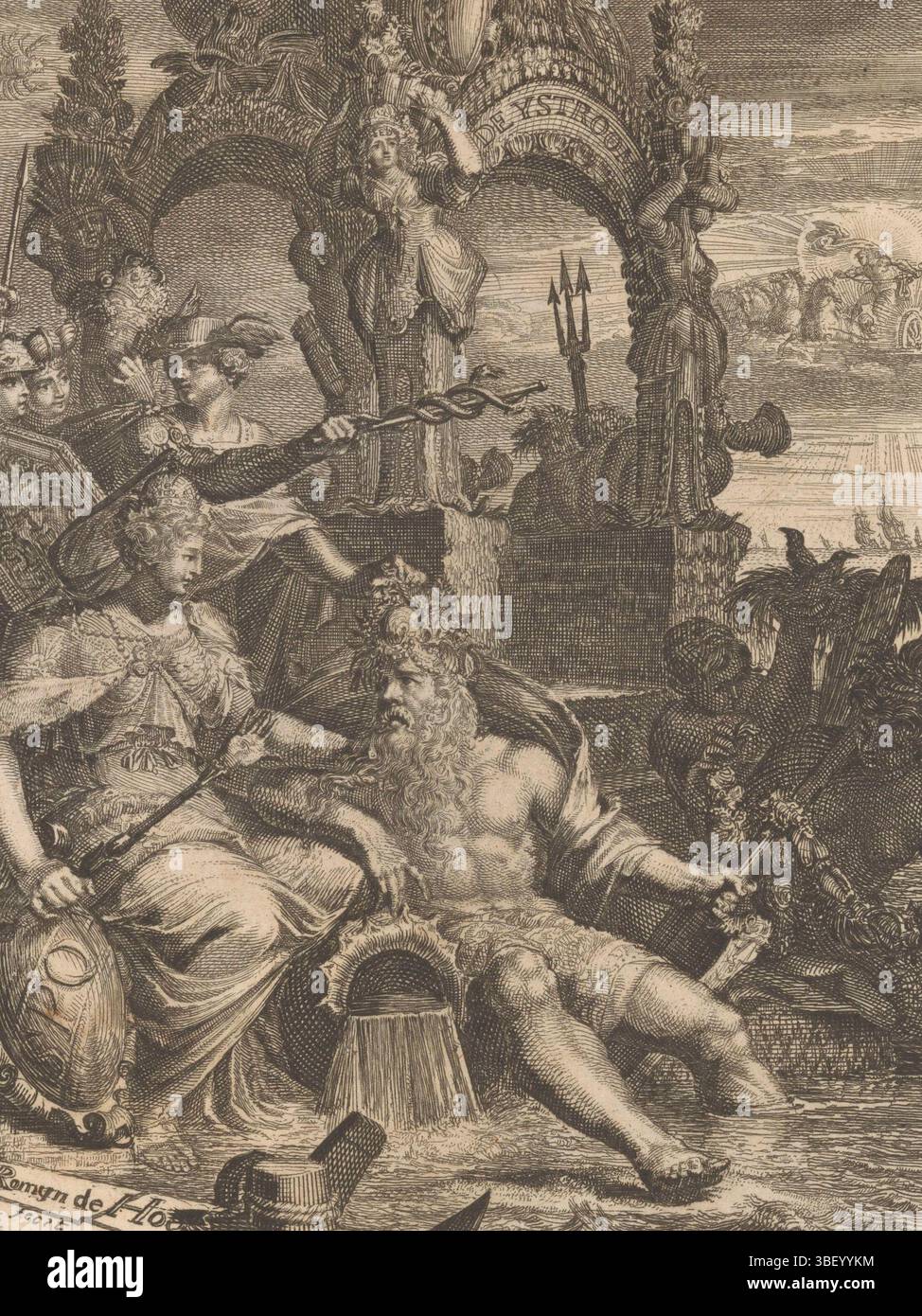 Amsterdam, Arentsz, Pieter (II), Hooghe, Romeyn de, de Ystroom, performance allégorique avec la ville vierge d'Amsterdam et l'IJ, Amsterdam, verso - estampillé, performance allégorique avec la ville vierge d'Amsterdam sur la gauche et appuyé sur sa jambe un Dieu du fleuve comme personnification de l'IJ. Derrière eux Mercure avec chapeau ailé et bâton. En arrière-plan un trône avec des colonnes en forme de personnifications des quatre continents. Sur le sommet du trône le titre et les armoiries d'Amsterdam. Droit dans le ciel le Dieu du soleil Apollo., impression, illustration de livre, impressions, hauteur 176 mm, largeur Banque D'Images