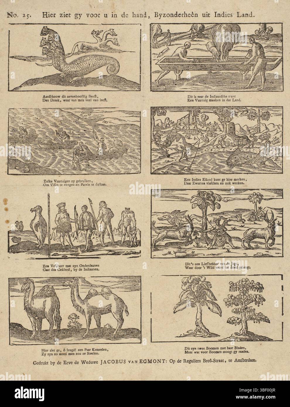 Amsterdam, Egmont, Erven de Weduwe Jacobus van, ici vous pouvez voir gy dans votre main, Byzonderheên de l'Inde, Amsterdam, verso - estampillé, feuille avec 8 représentations d'animaux indiens (imaginaires) et de navires, y compris un dragon à sept têtes, un bateau à rames, des pierres précieuses et un chameau. Sous chaque image un verset de deux lignes. Numéroté en haut à gauche : No 25., impression, impressions folkloriques, impressions, hauteur 405 mm, largeur 323 mm, publication (événement), publication, Néerlandais, éditeur, 1761 - 1804, papier, gravure sur bois, typographie, livret, imprimeur, imprimeur Banque D'Images