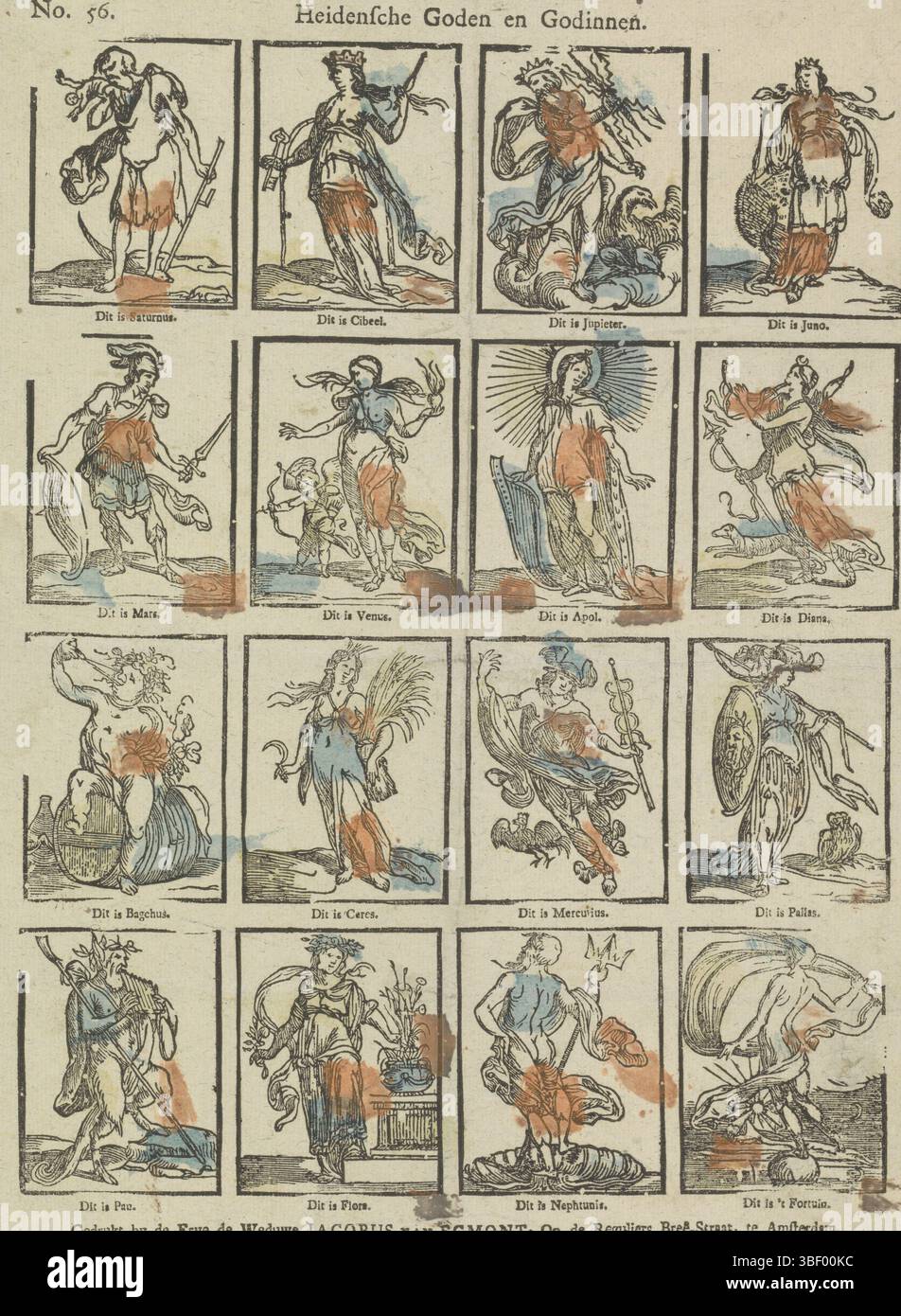 Amsterdam, Egmont, Erven de Weduwe Jacobus van, Heidensche Goden en Godinnen, Amsterdam, Blad a rencontré 16 représentations de dieux et déesses païens, dont Jupiter, Junon, Apollon, Cérès, mercure et Neptune. Sous chaque représentation une légende. Numéroté en haut à gauche : No. 56, impression, impression folklorique, impressions, impressions folkloriques, hauteur 400 mm, largeur 323 mm, publication (événement), publication, Néerlandais, éditeur, 1761 - 1804, papier, gravure sur bois, couleurs, impression typographique, livret, imprimeur, imprimeur Banque D'Images