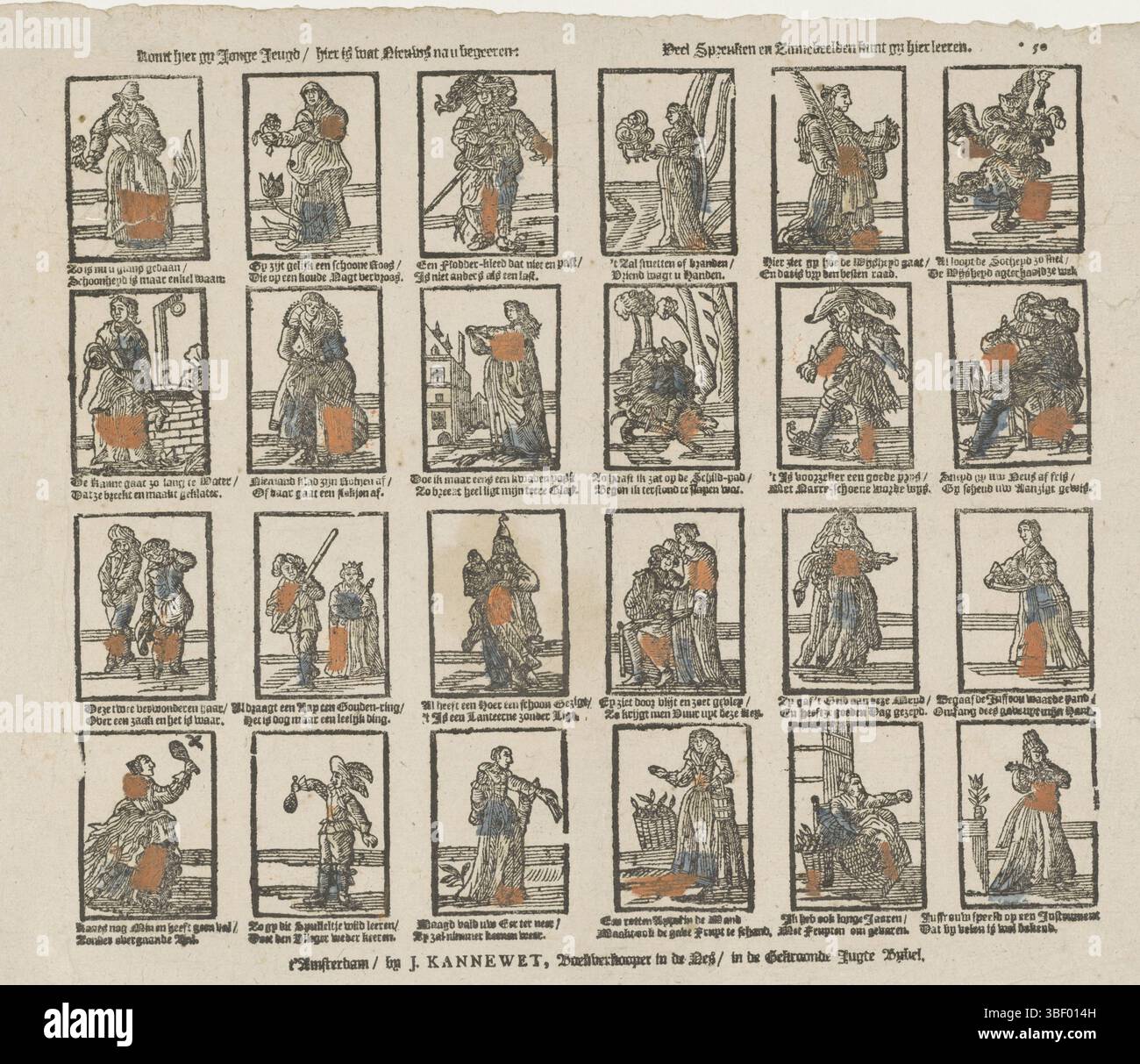 Amsterdam, Kannewet, Johannes (II), venez ici vous jeune jeunesse, voici quelque chose de nouveau après que vous désirez :, beaucoup de sorts et d'images de phrase peuvent apprendre gy ici, Amsterdam, verso - estampillé, feuille avec 24 imaginations de sorts et d'images de phrase. Sous chaque image un verset de deux lignes. Numéroté en haut à droite : *50., impression, impression folklorique, impressions, impressions folkloriques, hauteur 307 mm, largeur 420 mm, publication (événement), publication, Néerlandais, éditeur, 1725 - 1780, papier, gravure sur bois, couleurs, impression typographique, livret, imprimeur, imprimeur Banque D'Images