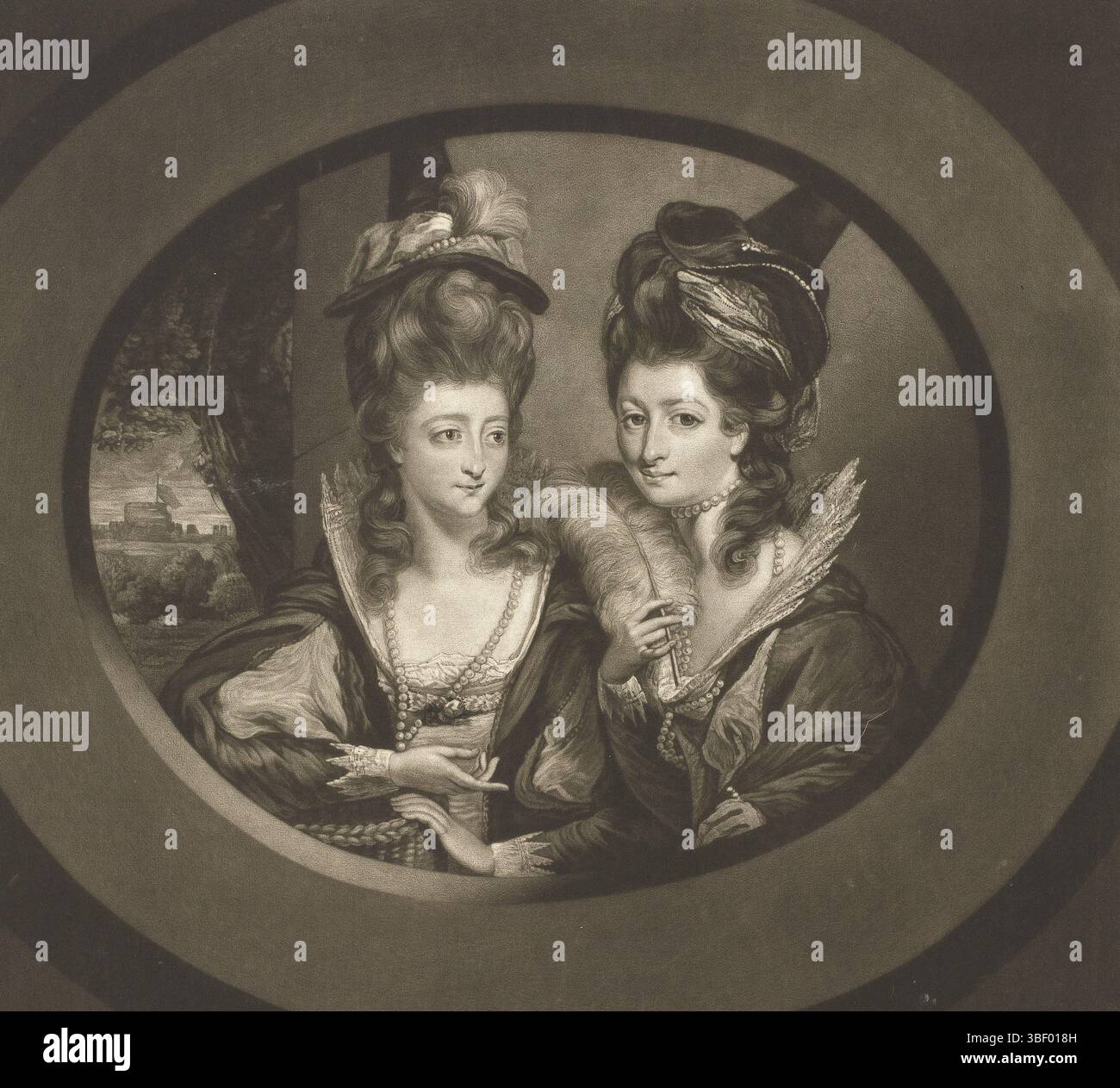 London, Dickinson & Watson, Gardner, Daniel, Dickinson, William, MRS Gwynne et MRS Bunbury, dans les personnages de Merry Wives of Windsor, Portrait de Mary Gwyn et Catherine Bunbury, Londres, verso - estampillé, les deux dames sont habillées comme des personnages de la pièce 'les femmes heureuses de Windsor' écrite par William Shakespeare., impression, hauteur 304 mm, largeur 279 mm, anglais, 1746 - 1823, graveur, 1780 - 1780, papier, mezzotine, 1750 - 1805-08-07, après, après peinture, publication (événement), britannique, éditeur Banque D'Images