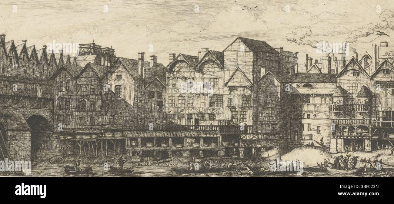 France, Meryon, Charles, partie de la cité vers la fin du XVIIe siècle, partie de Paris fin XVIIe siècle, arrière façades de maisons avec ouvriers de fourrure sur la Seine près de Pont-au-change à Paris, France, verso poinçonné au centre, paysage urbain à Paris avec arrière façades de maisons, probablement situé sur la rue de la Pelleterie, près du Pont-au-change à Paris. Dans cette rue les ouvriers de fourrure étaient employés et ils sont montrés sur les rives de la Seine dans leur travail. Meryon s'est inspiré d'un exemple du XVIIe siècle. Sur la gauche se trouve un petit morceau du Pont-au-change avec bâtiment sur l'impression et aussi le Banque D'Images