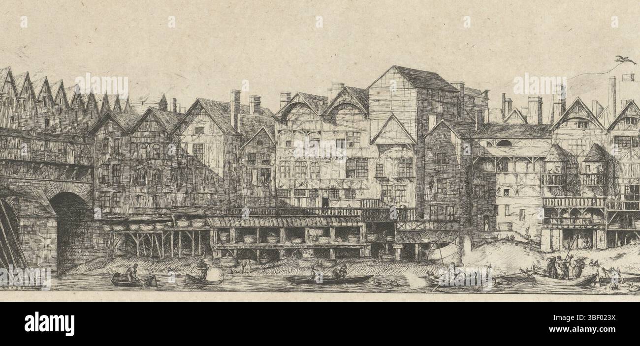 France, Meryon, Charles, partie de la cité vers la fin du XVIIe siècle, partie de Paris fin XVIIe siècle, arrière façades de maisons avec ouvriers de fourrure sur la Seine près de Pont-au-change à Paris, France, verso poinçonné au centre, paysage urbain à Paris avec arrière façades de maisons, probablement situé sur la rue de la Pelleterie, près du Pont-au-change à Paris. Dans cette rue les ouvriers de fourrure étaient employés et ils sont montrés sur les rives de la Seine dans leur travail. Meryon s'est inspiré d'un exemple du XVIIe siècle. Sur la gauche se trouve un petit morceau du Pont-au-change avec bâtiment sur l'impression et aussi le Banque D'Images