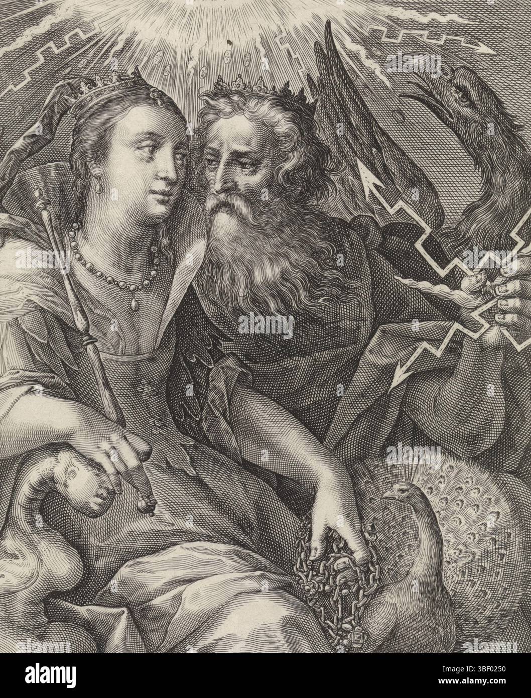 Passe, Crispino du (I), passe, Cologne, Dieux et déesses comme amants, Jupiter et Juno, verso - estampillé, Jupiter et Juno comme amants. Jupiter porte une couronne et lance un éclair. Il est accompagné de son symbole l'aigle. Junon porte une couronne et tient un sceptre dans sa main. Elle est accompagnée de son symbole le paon. Dans la marge, une légende de quatre lignes, en deux colonnes, en latin, qui fait référence à l'amour entre Jupiter et Junon. Imprimer à partir d'une série de Dieux et déesses en amoureux., imprimer, hauteur 224 mm, largeur 181 mm, 1564 - 1637, graveur, 1589 - 1611, papier, gravure, gravure (pri Banque D'Images