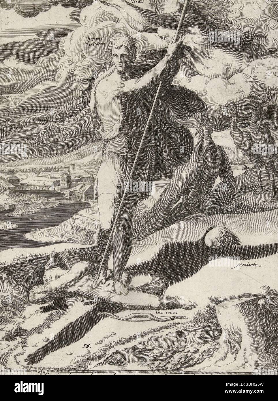 Allemagne, Coornhert, Dirck Volckertsz., Amsterdam, Hondius, Hendrick (I), Cologne, Weerdt, Adriaan de, Allemagne, triomphe de la vérité, celui qui tue le désir et les mensonges est loué par la vérité, verso milieu ci-dessous - estampillé, en utilisant la vérité (Operans Veritatem) Man Blind Begerte (Amor Coecus), représenté comme un cupido, vaincu. Il le tue à travers une lance entre les côtes. La figure d'ombre liegen (Mendacium) est également vaincue sur la route. La vérité (Veritas) flotte dans le ciel et couronne l'homme avec une couronne de laurier. En arrière-plan deux paons et deux grues. Comme les oiseaux cherchent leurs pairs, la vérité est toujours s. Banque D'Images