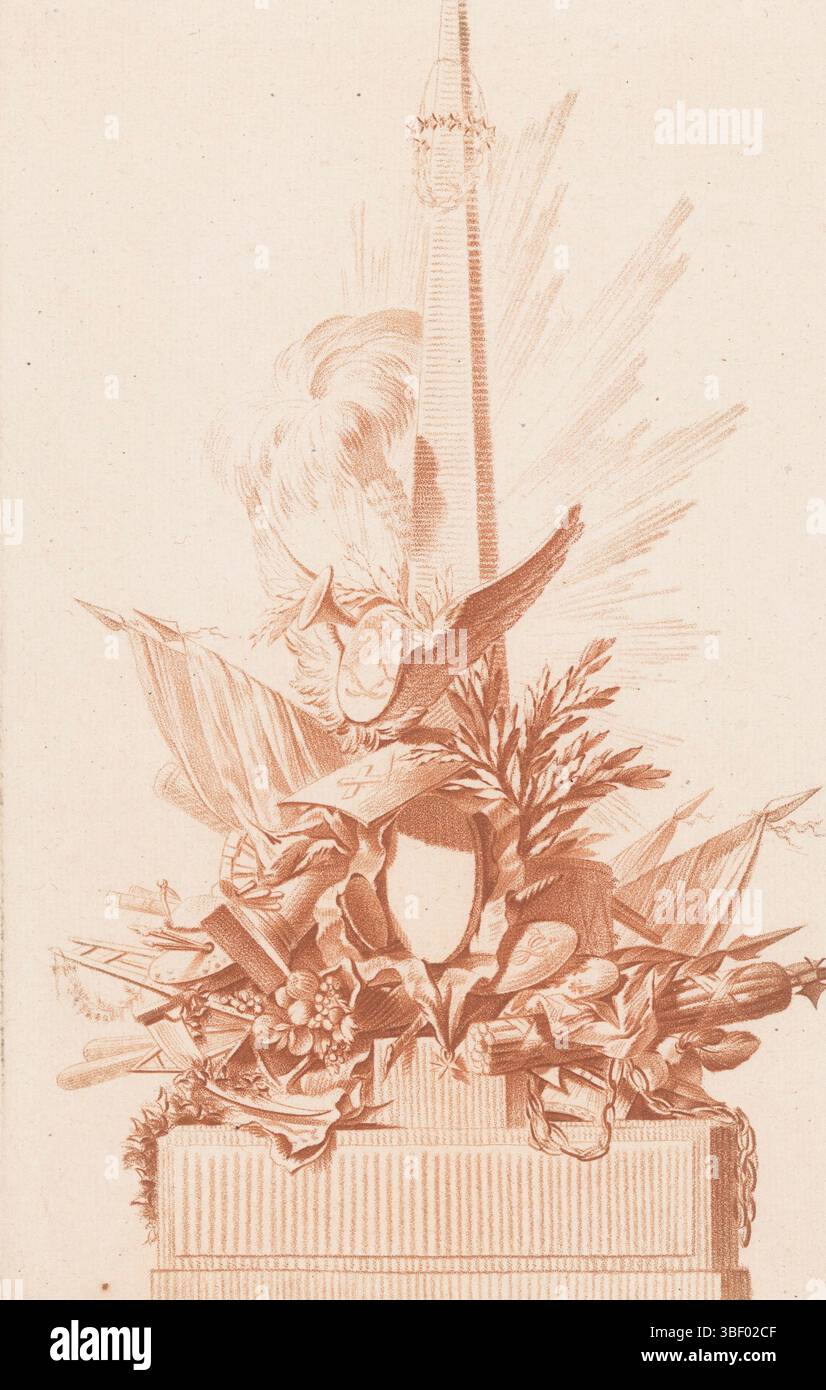 Paris, Bonnet, Louis Marin, Sallembier, Henri, premier [deuxième, Trosième] cahier de trophées, Trophée à la gloire des Princes, Trophée avec armes, Paris, verso - estampillé, Un trophée avec obélisque, couronne de rayon, palmier, médaillon ailé, drapeaux, boucliers, armes et attributs de peintures., impression, impressions d'ornement, impressions, hauteur 307 mm, largeur 205 mm, graveur, 1763 - 1793, papier, manière crayon, Work conception, French, 1753 - 1820-10-01, selon la conception de, publication (événement), publication, 1736 - 1793-10-12, éditeur Banque D'Images