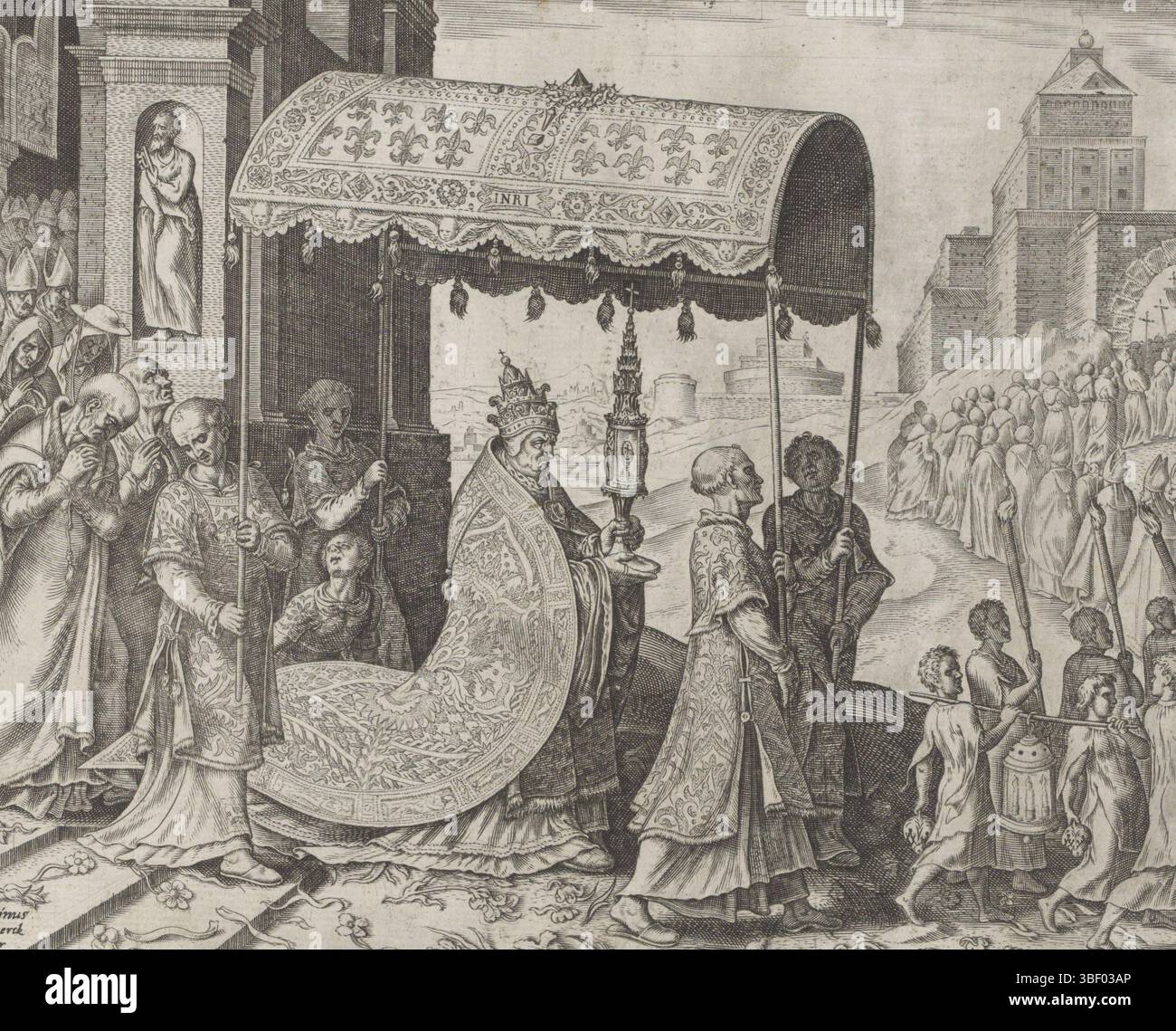 Junius, Hadrien, Heemskerck, Maarten van, Haarlem, Galle, Philips, tâches des trois classes, accomplissant la tâche de la position spirituelle par le Pape, le Pape marche dans une procession du clergé. Dans ses mains le calice avec la Sainte Hosty. C’est la tâche de l’état spirituel de prier pour les âmes de chaque individu dans la communauté. Sous la représentation un texte explicatif en latin. Cette impression fait partie d'un album., impression, feuille d'albumsheet, impressions, hauteur 204 mm, largeur 249 mm, Zuid-Nederlands, 1537 - 1612-03-29, graveur, 1563 - 1570, papier, gravure, gravure (procédé d'impression), conc. de travail Banque D'Images