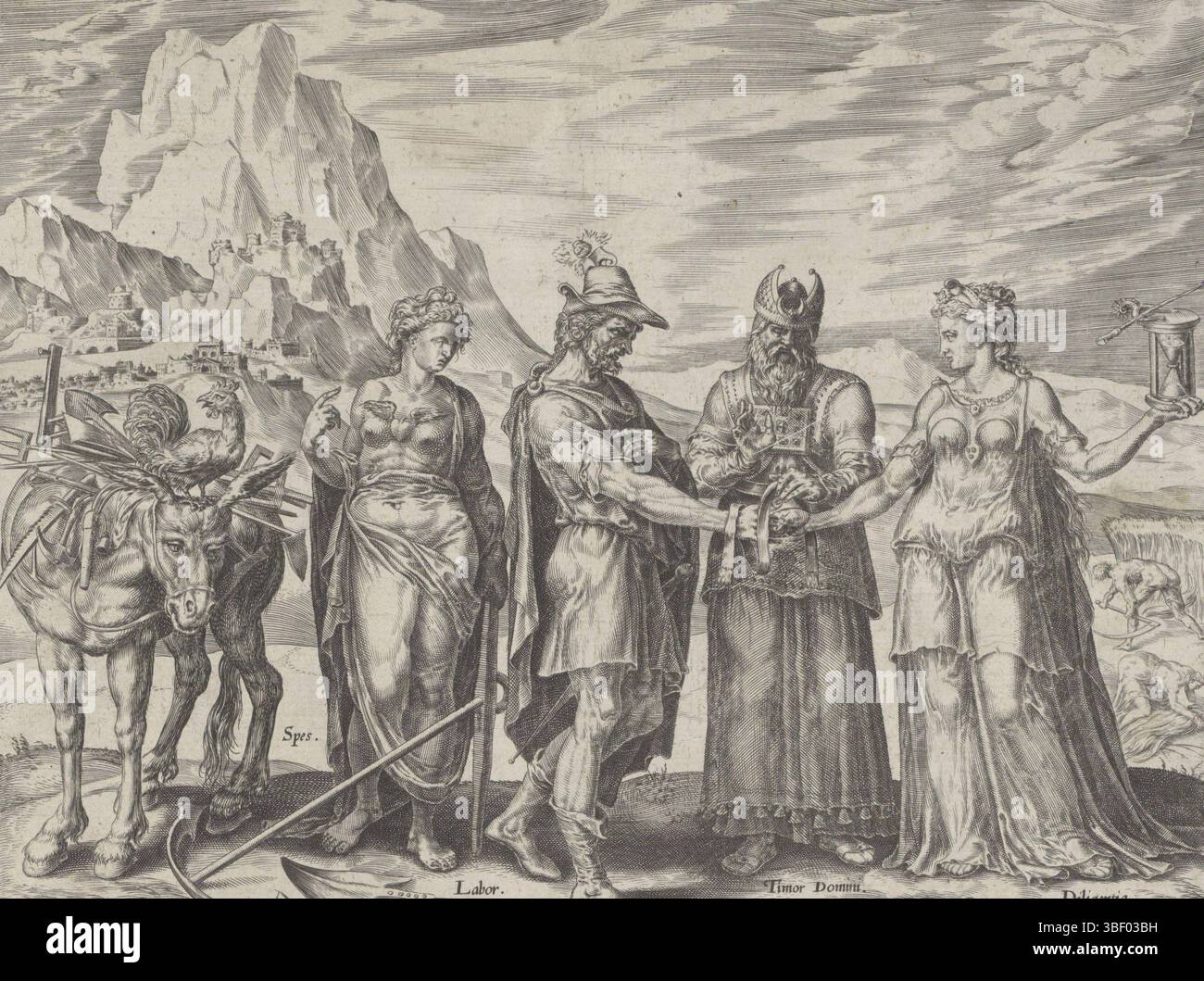 Anvers, Galle, Philips, Heemskerck, Maarten van, récompense pour le travail et Vlijt, mariage entre Labor et Vlijt, Anvers, peur de Dieu (Timor Dominus) bénit le mariage entre Labor et Vlijt (Dilligentia). La personnification de l'espoir (Spes) présente la dot : un âne de paquet chargé d'outils. Sur la tête de l'âne se trouve un coq. L'âne et le coq sont respectivement des symboles du travail et de l'inlassabilité. Sous la performance deux versets en latin et une légende française et néerlandaise en impression de livre. Cette impression fait partie d'un album., impression, feuille d'albumsheet, impressions, hauteur 212 mm, largeur 248 mm, hauteur 263 mm, Banque D'Images