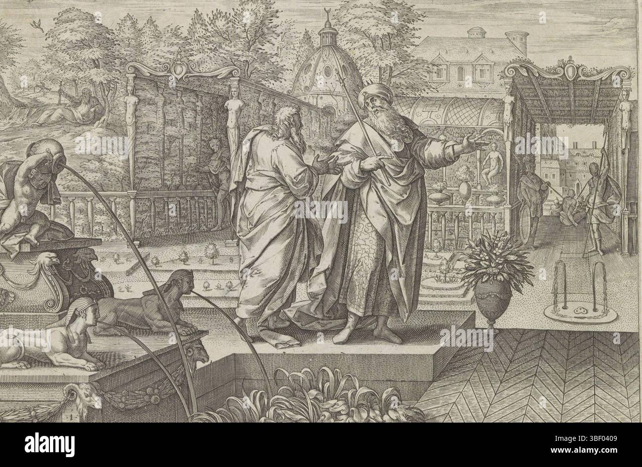 Anvers, Jode, Gerard de, Snellinck, Jan (I), thesaurus sacrarum historiaru[m] Veteris testame[n]TI, elega[n]tissimis imaginibus expressu[m] excelle[n]tissimoru[m] dans l'opéra HAC Arte viroru[m] : maintenant dans luce editus, l'histoire d'Elijah, Elijah prédit qu'il y aura une sécheresse, Anvers, Elijah prédit au roi Achab qu'il n'y aura pas de rosée ou de pluie pendant un certain nombre d'années. Sur la gauche dans le fond est Elijah au ruisseau Kirit où les corbeaux le nourrissent. Sous la représentation une référence en latin au texte de la Bible en 1 Kon. 17. Cette estampe fait partie d'un album., estampe, estampes, hei Banque D'Images