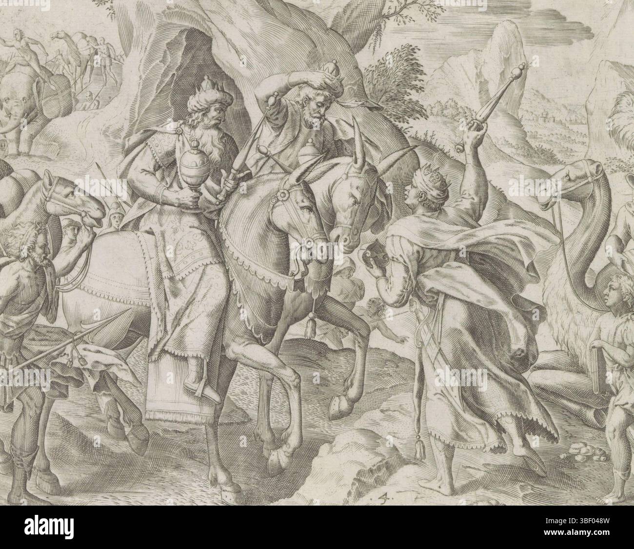 Anvers, Jode, Gerard de, Groeningen, Gerard van, Sadeler, Johann (I), Thésaurus novi Testamenti elegantissimis iconibus expressus continens historias atque miracula doni nostri Iesu Christi, Jeunesse du Christ, rencontre et voyage des trois rois, Anvers, les trois rois se rencontrent à la croisée des chemins et suivent ensemble l'étoile de Bethléem. Le roi noir avec son sceptre pointe vers l'étoile. Sous la représentation une référence en latin au texte de la Bible dans Mat. 2. Cette impression fait partie d'un album., impression, feuille d'albumsheet, impressions, hauteur 211 mm, largeur 254 mm, Zuid-Nederlands, 1550 - 1600-08, gravure Banque D'Images