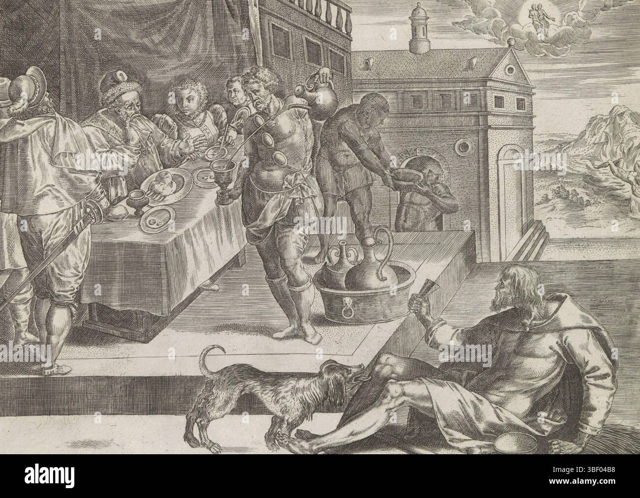Antwerpen, Jode, Gerard de, Collaert, Hans (I), Francken, Ambrosius (I), Thésaurus novi Testamenti elegantissimis iconibus expressus continens historias atque miracula doni nostri Iesu Christi, similitudes avec le Nouveau Testament, similitude entre l'homme riche et le pauvre Lazare, Anvers, Un homme riche est assis à la table avec sa famille et ses invités. Juste devant la maison le mendiant mendiant Lazare, dont les plaies sont léchées par un chien. En arrière-plan, la suite de l'histoire est représentée. Quand l'homme riche et Lazare meurent, Lazare est assis au ciel avec Abraham sur ses genoux. L'homme riche est dans les flammes de lui Banque D'Images