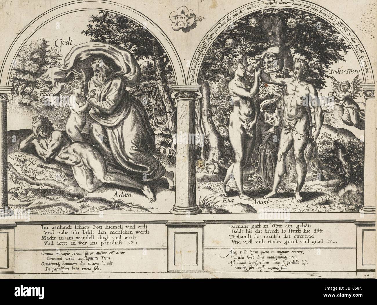 Groeningen, Gerard van, Anvers, Huys, Frans, sauveur de l'homme, création d'Eva et la chute, verso - estampillé, deux allégories bibliques dans le cadre architectural. Sur la gauche se trouve la création d'Eve à partir d'une côte d'Adam. A droite de la chute : Adam et Ève se tiennent près de l'arbre du bien et du mal et prennent la pomme du serpent, qui s'enroule autour d'un squelette. Les squelettes et les crânes se réfèrent à la mortalité de l'homme à la suite de la transgression du commandement de Dieu. Derrière eux, la personnification de la colère de Dieu, qui tient aussi un crâne. Au-dessus de la représentation à droite dans l'arc un verset biblique en allemand. Banque D'Images