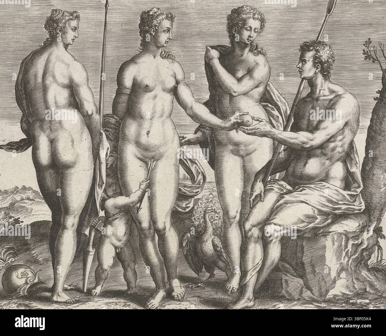 Antwerpen, Jode, Gerard de, Antwerpen, Pieter de (I), jugement de Paris, Anvers, verso milieu - estampillé, Paris doit juger les trois plus belles déesses de l'Olympe par leur beauté : Junon (avec le paon), Vénus (avec Amor) et Minerve (avec casque). Paris donne la pomme dorée d'Eris à Vénus. Dans la marge, une légende en latin., impression, verso milieu bas - estampillé, hauteur 215 mm, largeur 265 mm, Néerlandais du Sud, 1570 - 1634-08-09, graveur, 1590 - 1632, papier, gravure, gravure (procédé d'impression), publication (événement), publication, pays-Bas du Nord, 1509 - 1591-02-05, éditeur Banque D'Images