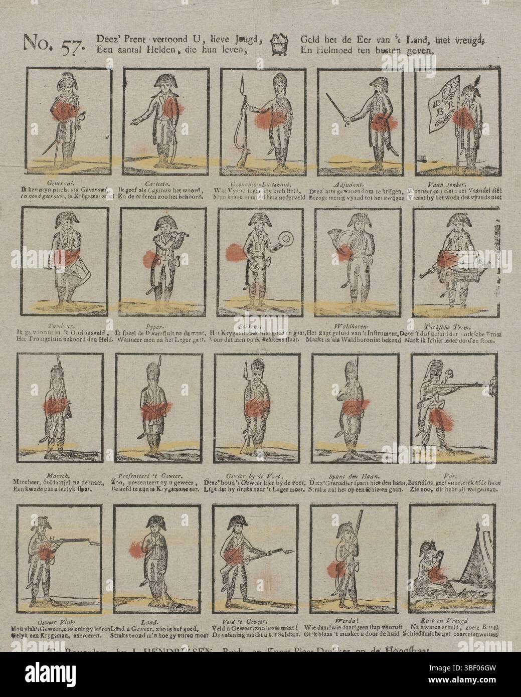 Rotterdam, Hendriksen, Jan, Deez' print vous montre, chers jeunes, Un certain nombre de héros, qui donnent leur vie, l'argent l'honneur du pays, avec joie, et l'héroïsme meilleur, Rotterdam, verso - estampillé, feuille avec 20 représentations de militaires. Sous chaque image un verset de deux lignes. Numéroté en haut à gauche : No 57., impression, impressions folkloriques, impressions, hauteur 398 mm, largeur 322 mm, publication (événement), publication, Néerlandais, éditeur, 1781 - 1828, papier, gravure sur bois, couleurs, typographie, bookprint, imprimeur, imprimeur Banque D'Images