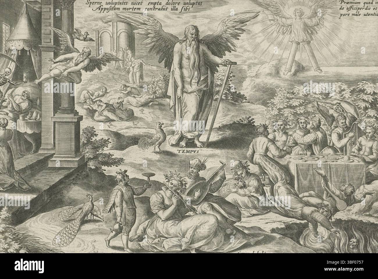 Anvers, Jode, Gerard de, allégories moralisatrices sur le temps, Sperne uoluptates nocet empta dolore uoluptas, Père temps au milieu des gens faciles, Anvers, verso milieu ci-dessous - estampillé, au milieu le Père ailé temps, accompagné d'un coq. Au premier plan deux paons et à droite une riche entreprise à table, mangeant et musique. Une partie de l'entreprise tombe dans les flammes de l'enfer. J'ai laissé un homme sur son lit de mort. La mort s'approche de lui et le temps du Père vole, avec son attribut le coq, au-dessus du lit. En arrière-plan, les cinq sages et les cinq vierges insensées et un ange avec des jambes comme piliers. Banque D'Images