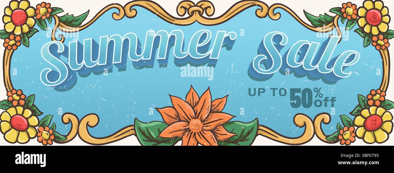 texte de vente d'été avec fond bleu mer, bordure ornementale de luxe et fleur tropicale dessinée à la main. concept de bannière vintage. vieilli rétro vintage s Illustration de Vecteur