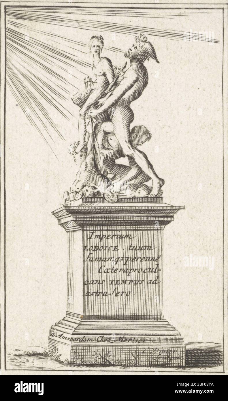 Amsterdam, mortier, Pieter (I), Noord-Nederland, hiver, anthonie de, vignette avec une allégorie sur la règle de Louis XIV, Amsterdam, verso milieu - estampillé, sur un piédestal est la personnification de la France avec un bouclier et un sceptre avec une fleur-de-lys sur les genoux de la personnification du temps sous la forme d'un homme avec des ailes sur la tête. Il piétine quelques figures malveillantes, parmi lesquelles la personnification de l’envie( ?), et montre la personnification de la France au soleil. Sur le piédestal se trouve un texte latin sur la prospérité de la France sous la domination de Louis XIV, estampes, illustration de livre, estampes, haies Banque D'Images