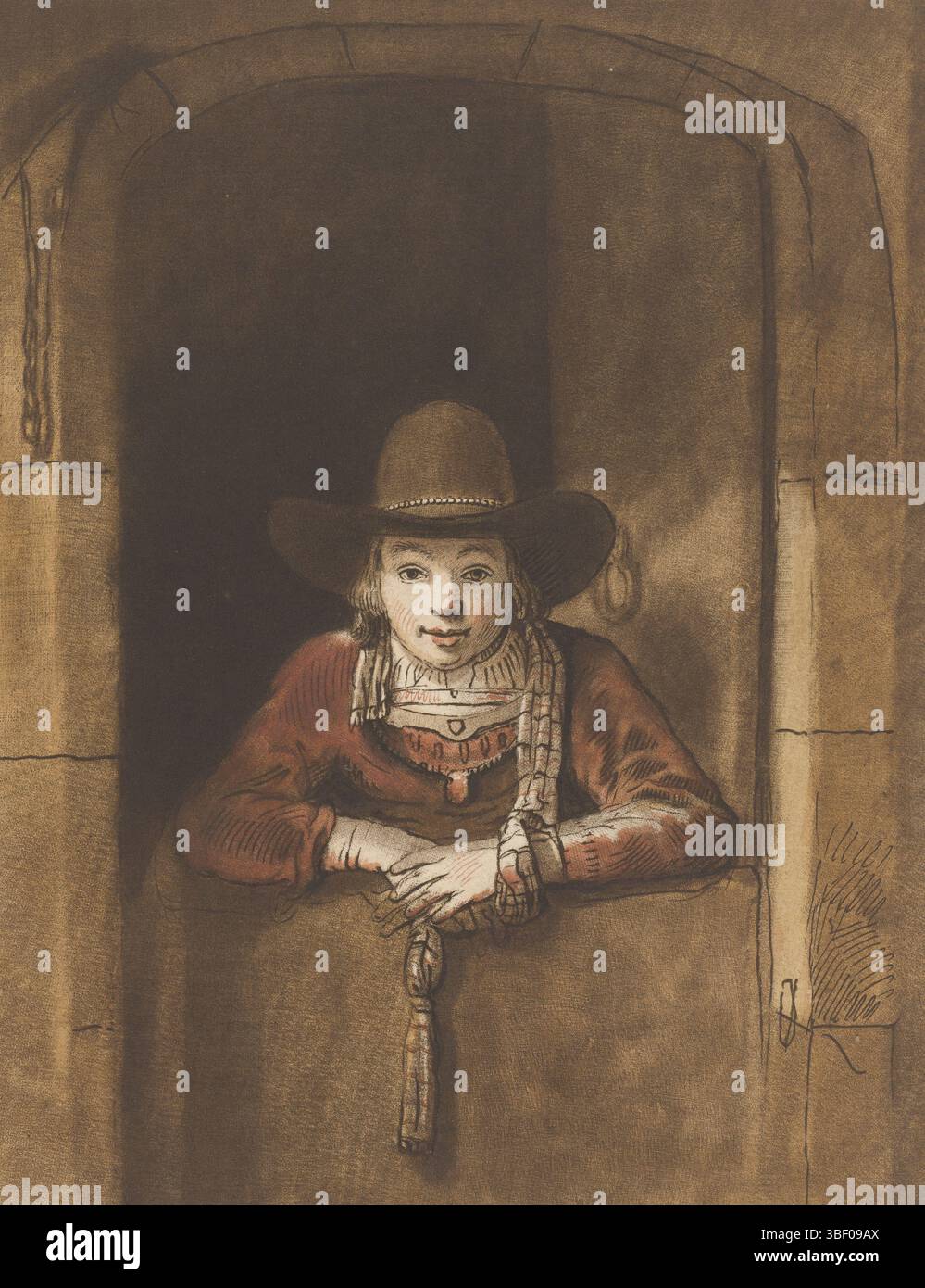 Josi, Christiaan, Rijn, Rembrandt van, Hoogstraten, Samuel van, Josi, Amsterdam, Ploos van Amstel, Cornelis, Jongen penché sur une porte inférieure, verso - estampillé, Un garçon, avec un chapeau sur la tête, penché sur une porte inférieure., impression, hauteur 240 mm, largeur 187 mm, Noord-Nederlands, 1726-01-04 - 1798-12-20, imprimeur, 1763 - 1763, papier, dessin imprimé, gravure, roulette, impression couleur, couleurs à la main, néerlandais, 1768 - 1828-11, 1627-08-02 - 1678-10-19, Intermediaryughtman, après dessin, pays-Bas du Nord, 1606-07-15 - 1669-10-08, intermédiaire Banque D'Images