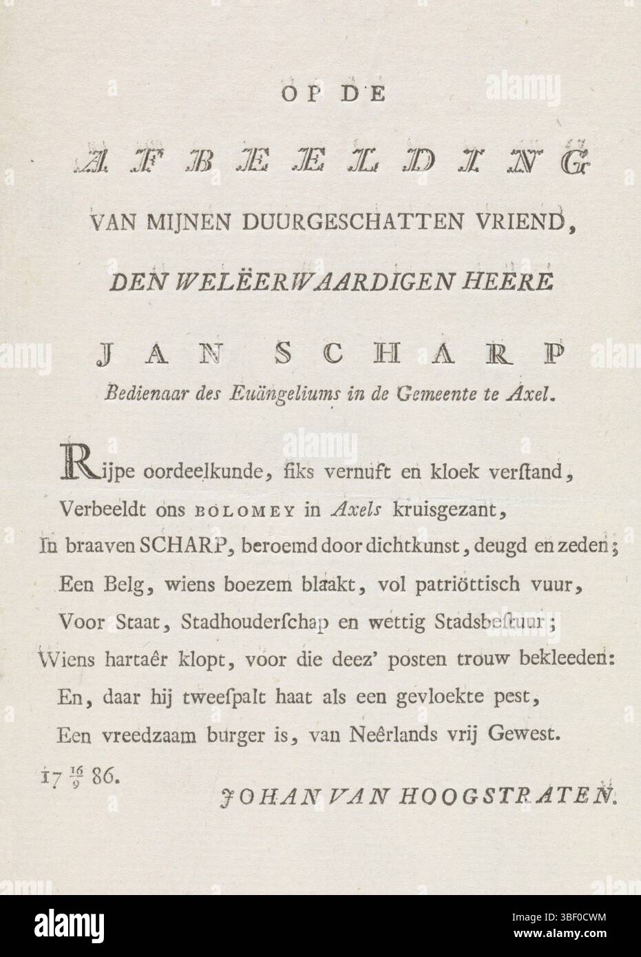Hoogstraten, Johan van, Den Haag, Bolomey, Benjamin Samuel, Textsheet à un portrait de Jan Scharp, la Haye, verso - estampillé, feuille de texte, impressions, hauteur 221 mm, largeur 136 mm, 1739 - 1819-12-19, graveur, 1786-09-16 - 1786-09-16, papier, typographie, livre, néerlandais, écrivain Banque D'Images