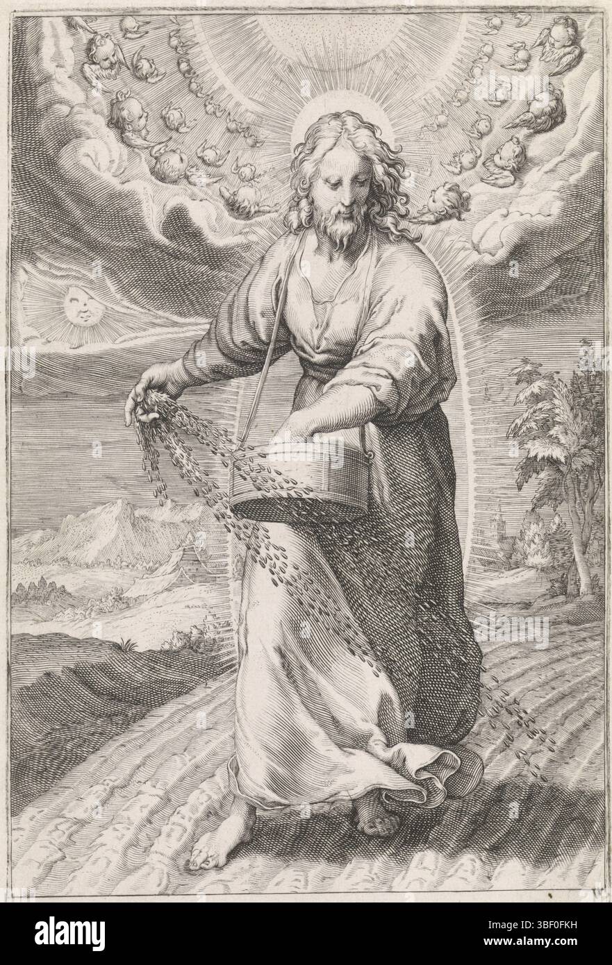 Goltzius, Hendrick, Matham, Jacob, Haarlem, Saenredam, Jan, ressemblance des mauvaises herbes entre le grain, Christ comme semeur, verso laissé sous - estampillé, Christ comme semeur. Dans les airs une multitude de chérubins. Une des deux estampes d'une série inachevée sur la parabole des mauvaises herbes entre les grains, Matt. 13 :24-30., impression, hauteur 208 mm, largeur 146 mm, Néerlandais du Nord, 1565 - 1607-04-06, graveur, 1600 - 1602, papier, gravure, gravure (processus d'impression), Nord des pays-Bas, 1571-10-15 - 1631-01-20, conception d'œuvres, Noord-Nederlands, 1558-01 - 1617-01-01 Banque D'Images
