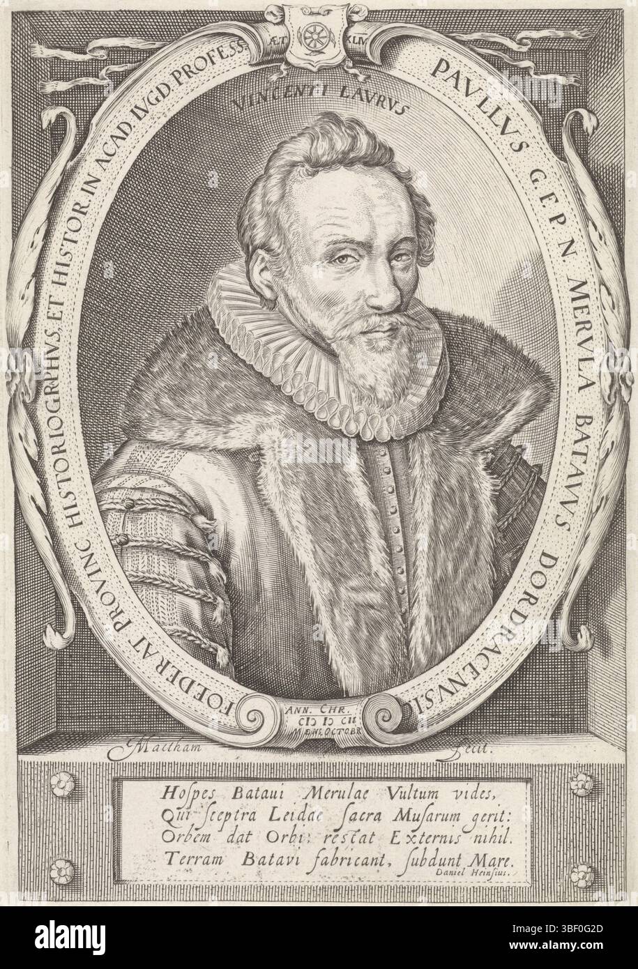 Heinsius, Daniel, Haarlem, Matham, Jacob, portrait de Paulus Merula, verso - estampillé, l'érudit Paulus Merula (1558-1607) à l'âge de 44 ans : buste à droite, en ovale avec nom et texte en bordure d'écriture. L'érudit est habillé d'un manteau doublé d'un large col en fourrure, au-dessus duquel le col en meule peut être vu. Il porte une moustache et une barbe pointue., impression, verso en bas à gauche - estampillé, Matham fecit, milieu en bas - gravé, Vincenti Laurus, milieu en haut - gravé, PAULUS G.F.P.N. Merula... en acad. Ivgd. Professeur....AET. XLIV, en bordure - gravé, Hospes Batavi Merulae Vultum vides... Terr Banque D'Images