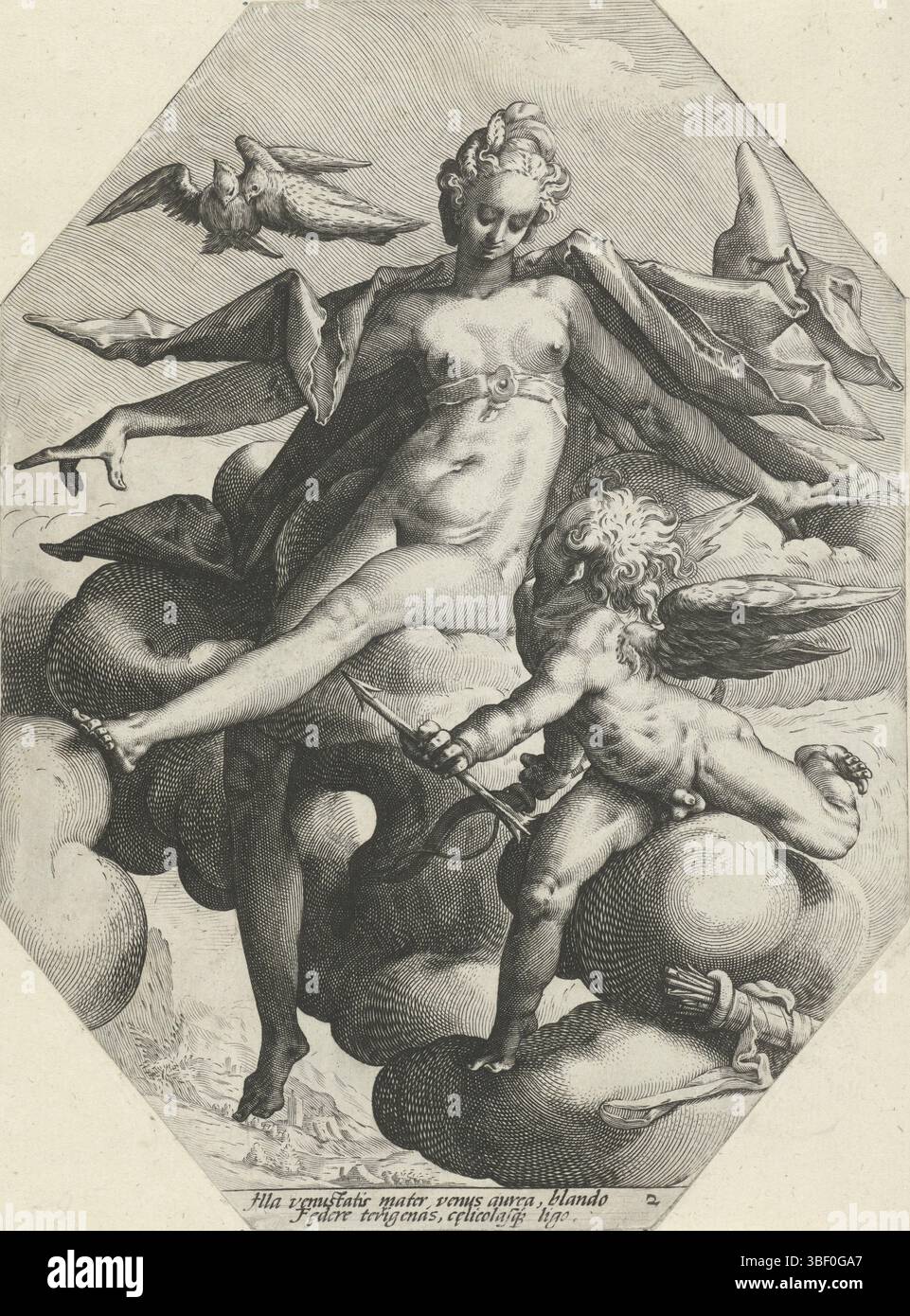 Haarlem, Goltzius, Hendrick, Matham, Jacob, trois déesses parmi les nuages, Vénus, Haarlem, verso en bas à gauche - estampillé, la déesse Vénus, assise sur un nuage. Elle est accompagnée par Amor, avec flèche et arc, son carquois à côté de lui. Dans l'air deux pigeons., impression, hauteur 206 mm, largeur 153 mm, Noord-Nederlands, 1571-10-15 - 1631-01-20, graveur, 1585 - 1589, papier, gravure, gravure (procédé d'impression), concept de travail, 1558-01 - 1617-01-01, après conception par, publication (événement), publication, pays-Bas du Nord, éditeur Banque D'Images