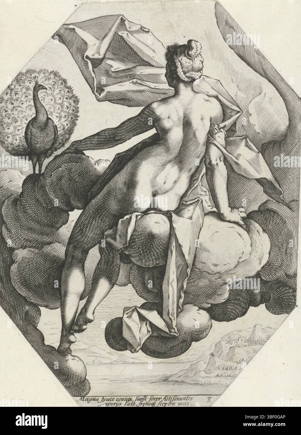Haarlem, Goltzius, Hendrick, Matham, Jacob, trois déesses parmi les nuages, Juno, Haarlem, verso en bas à gauche - estampillé, la déesse Juno, vue sur le dos et assise sur un nuage, avec paon., impression, hauteur 203 mm, largeur 151 mm, pays-Bas du Nord, 1571-10-15 1631-01-20, imprimeur, 1585 - 1589, papier, gravure, gravure (processus d'impression), conception de travail, 1558-01 - 1617-01-01, selon la conception, publication (événement), publication, 1558-01 - 1617-01, éditeur Banque D'Images