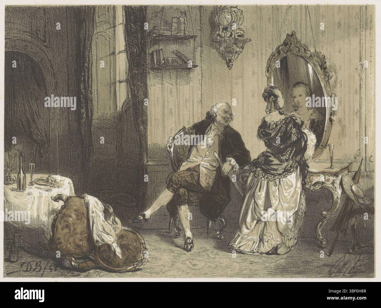 La Haye, Koninklijke Nederlandse Steendrukkerij van C.W. Mieling, bles, David, homme en vrouw dans l'intérieur du XVIIIe siècle, la Haye, la femme se tient devant le miroir, l'homme est assis à côté d'elle dans une chaise. Sur la gauche est une table couverte avec une chaise tombée., impression, hauteur 230 mm, largeur 290 mm, néerlandais, 1821-09-19 - 1899-03, imprimeur, 1831 - 1899, papier, lithographie de tons, gaufrage, imprimante, 1831 - 1899 Banque D'Images