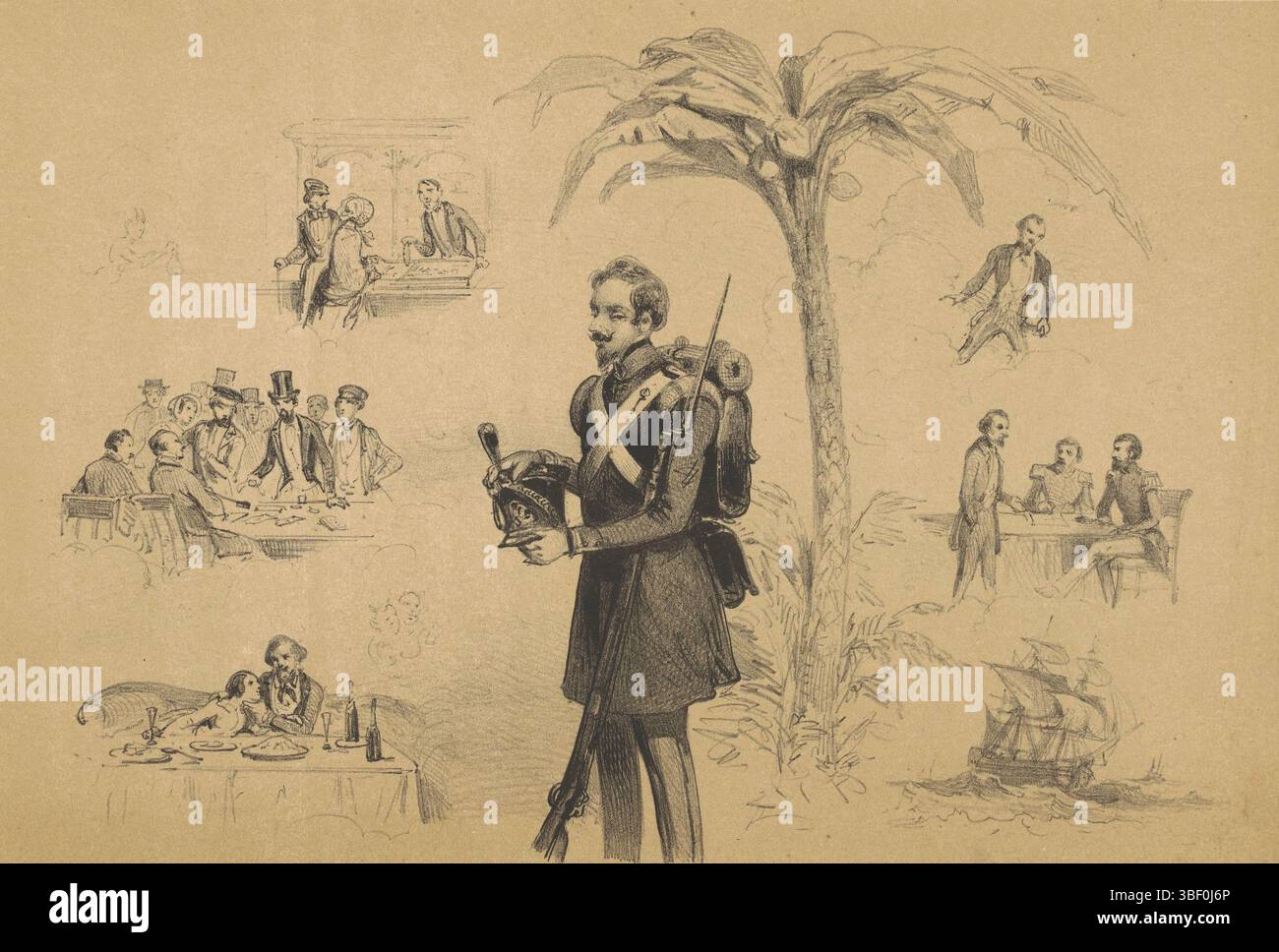 Leiden, Trap, Pieter Willem Marinus, Last, Carel Christiaan Antony, dix ans plus tard, soldat dans les Indes orientales néerlandaises, Leyde, verso - estampillé, le soldat se tient à côté d'un palmier et a pris son chapeau. Autour de lui des scènes se référant à sa maison et son amant. Ci-dessous la photo une citation d'une chanson folklorique intitulée Adieu à un colonial à sa fille. Ce tirage est relié avec trois autres tirages de la série., tirage, hauteur 190 mm, largeur 290 mm, néerlandais, 1808-12-11 - 1876-12-17, imprimeur, 1836 - 1876, papier, lithographie d'affichage, publication (événement), publication, 1821-04-20 - 1905-10-20, publ Banque D'Images