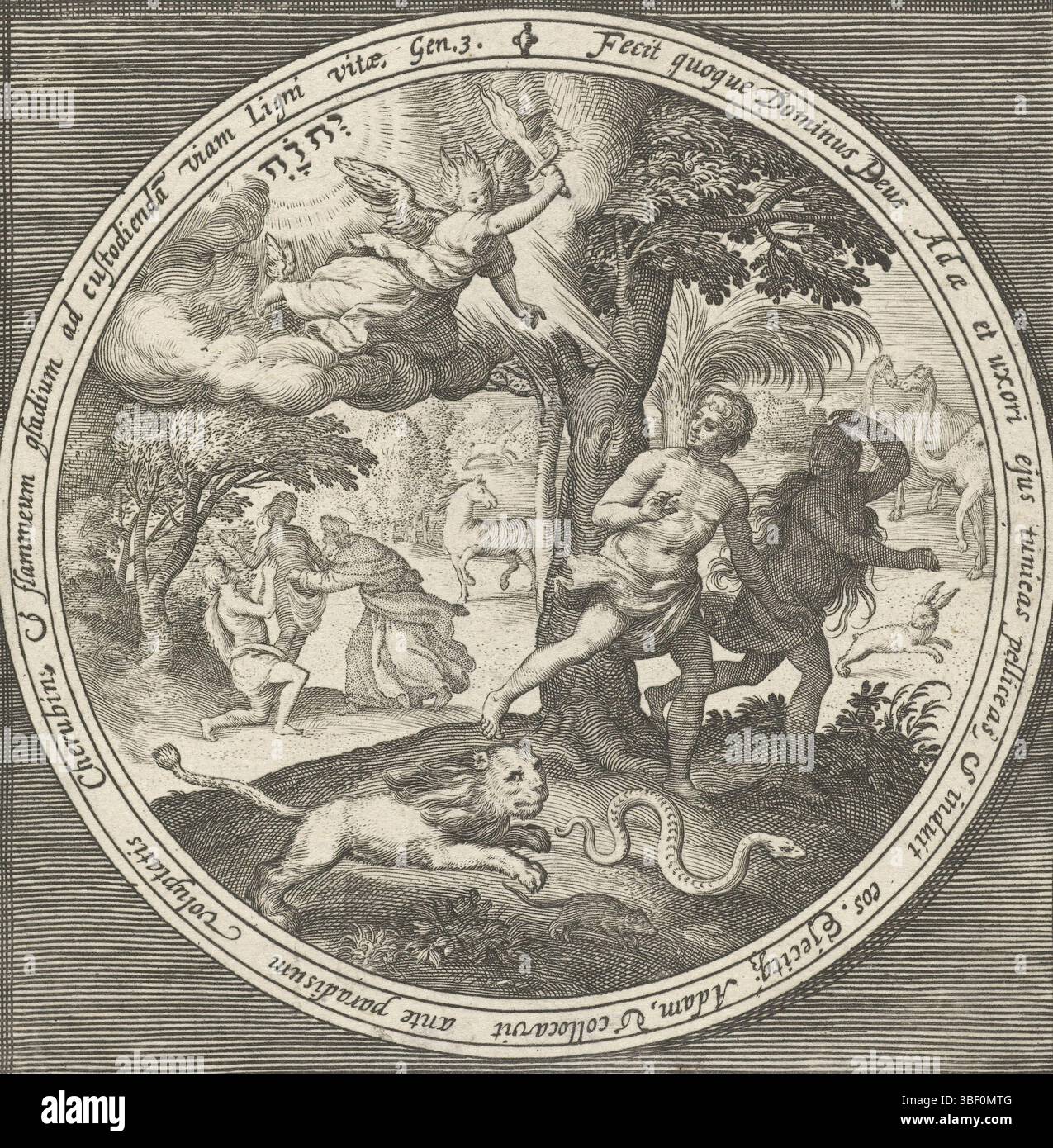 Vos, Maerten de, Nederland, Bruyn, Nicolaes de, de la création à l'expulsion du paradis, expulsion d'Adam et Eve du paradis, pays-Bas, expulsion du Paradis, verso centre - estampillé, Adam et Eve sont chassés du paradis par un ange avec une épée enflammée. En médaillon avec inscription un texte biblique en latin de Genèse 3, dans un cadre rectangulaire., impression, hauteur 131 mm, largeur 124 mm, néerlandais du Sud, 1571 - 1656-10, graveur, 1581 - 1656, papier, gravure, gravure (procédé d'impression), gravure pointillée, concept de travail, 1532 - 1603-12-04 Banque D'Images