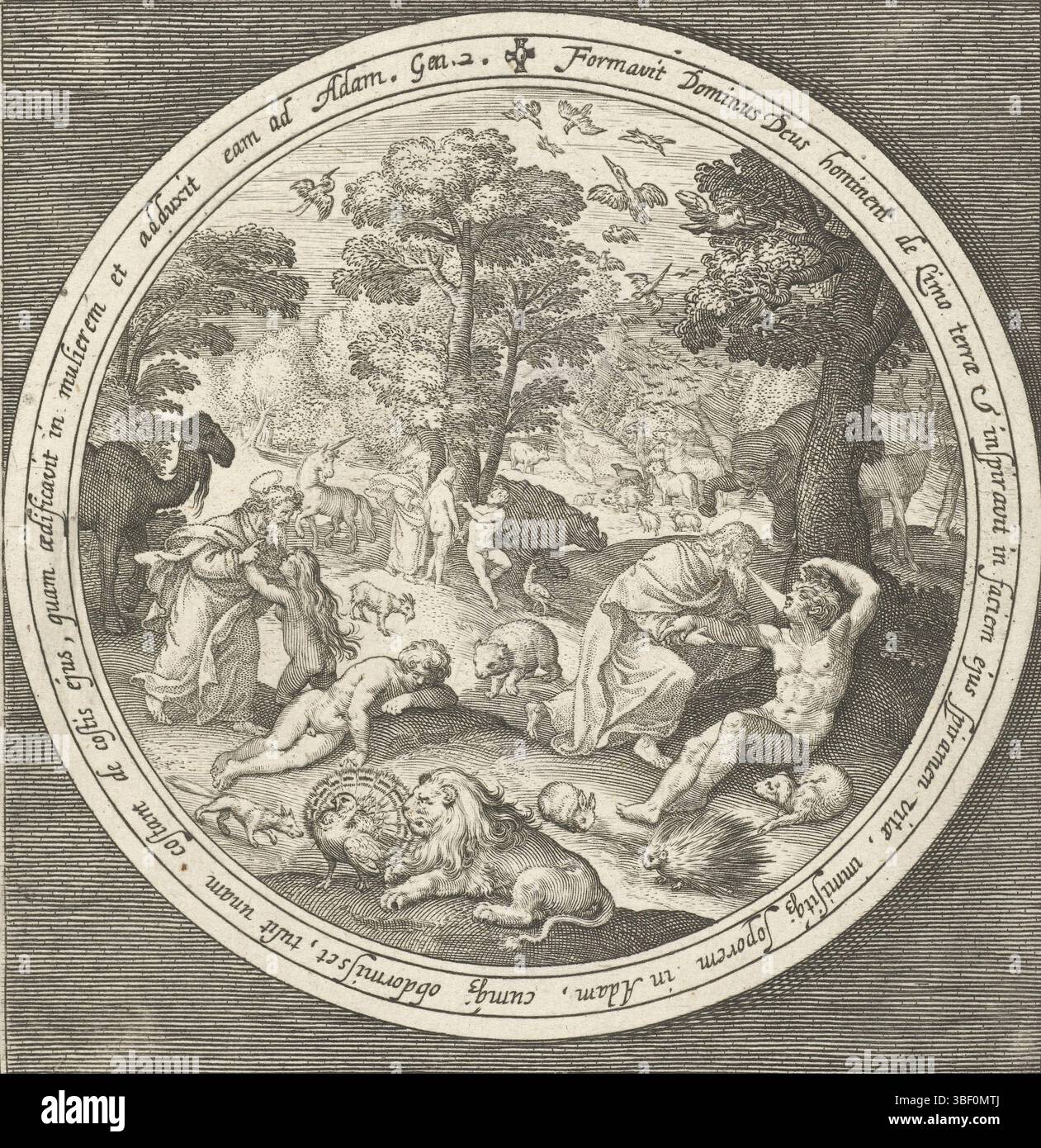 Vos, Maerten de, Nederland, Bruyn, Nicolaes de, de la création à l'expulsion du paradis, Sixième jour de la création : Dieu crée les animaux et Adam et Eve, pays-Bas, verso milieu - estampillé, Sixième jour de la création : Dieu crée les animaux et Adam et Eve. Il souffle la vie d'Adam par son nez. En médaillon avec inscription un texte biblique en latin de Genèse 2, dans un cadre rectangulaire., impression, hauteur 134 mm, largeur 129 mm, néerlandais du Sud, 1571 - 1656-10, graveur, 1581 - 1656, papier, gravure, gravure (procédé d'impression), gravure pointillée, concept de travail, 1532 - 1603-12-04 Banque D'Images