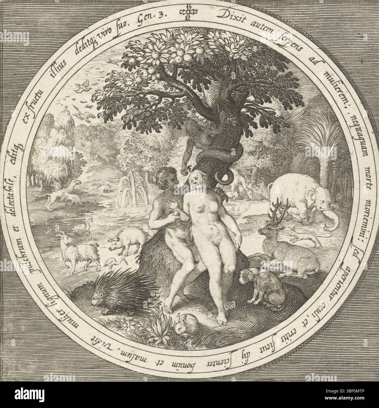Vos, Maerten de, Nederland, Bruyn, Nicolaes de, de la création à l'expulsion du paradis, Eva est trompée par le serpent près de l'arbre du bien et du mal, pays-Bas, verso milieu - estampillé, Eva est trompée par le serpent près de l'arbre du bien et du mal. Il mange les pommes interdites et offre Adam, aussi. En médaillon avec un texte biblique en latin de Genèse 3, dans un cadre rectangulaire., impression, hauteur 135 mm, largeur 129 mm, néerlandais du Sud, 1571 - 1656-10, graveur, 1581 - 1656, papier, gravure, gravure (procédé d'impression), gravure pointillée, concept de travail, Zuid-Nederlands, 1532 - 1603-12-04 Banque D'Images