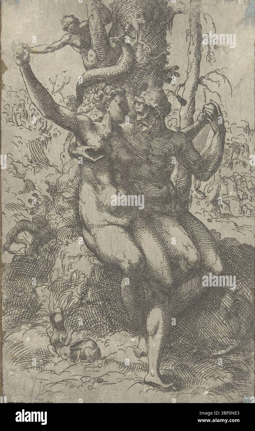 L'Italie, l'automne, l'Italie, Adam et Eve sont sous l'arbre de la connaissance. Eve prend la pomme du serpent et donne une pomme à Adam. Plusieurs animaux sont autour d'eux., impression, hauteur 190 mm, largeur 120 mm, graveur, 1550 - 1600, troisième quart XVIe siècle, papier, gravure, gravure (procédé d'impression), création d'expression Banque D'Images