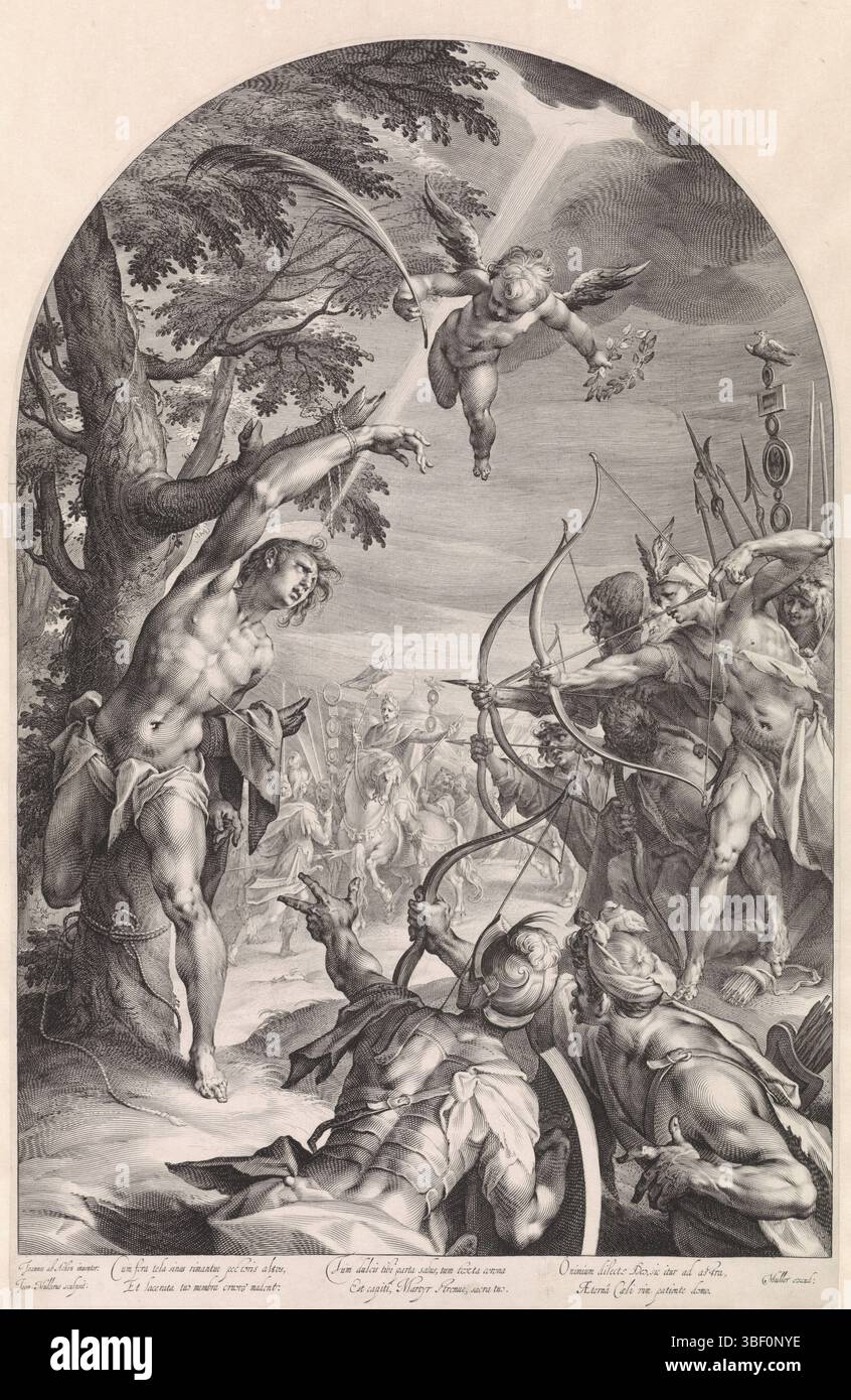 Amsterdam, Muller, Harmen Jansz, Aix-la-Chapelle, Hans von, Amsterdam, Jan Harmensz., Martelaarschap van de H. Sebastiaan, verso - estampillé, Saint Sebastiaan est attaché à un arbre et est tiré avec des flèches. Au-dessus de lui vole un putto avec branche de palmier et couronne de laurier., impression, hauteur 521 mm, largeur 340 mm, Noord-Nederlands, 1571 - 1628, graveur, 1598 - 1602, papier, gravure, gravure (processus d'impression), conception de travail, allemand, 1552 - 1616-01-06, après conception par, publication (Event), publication, Néerlandais, 1540 - 1617-10-07, éditeur Banque D'Images