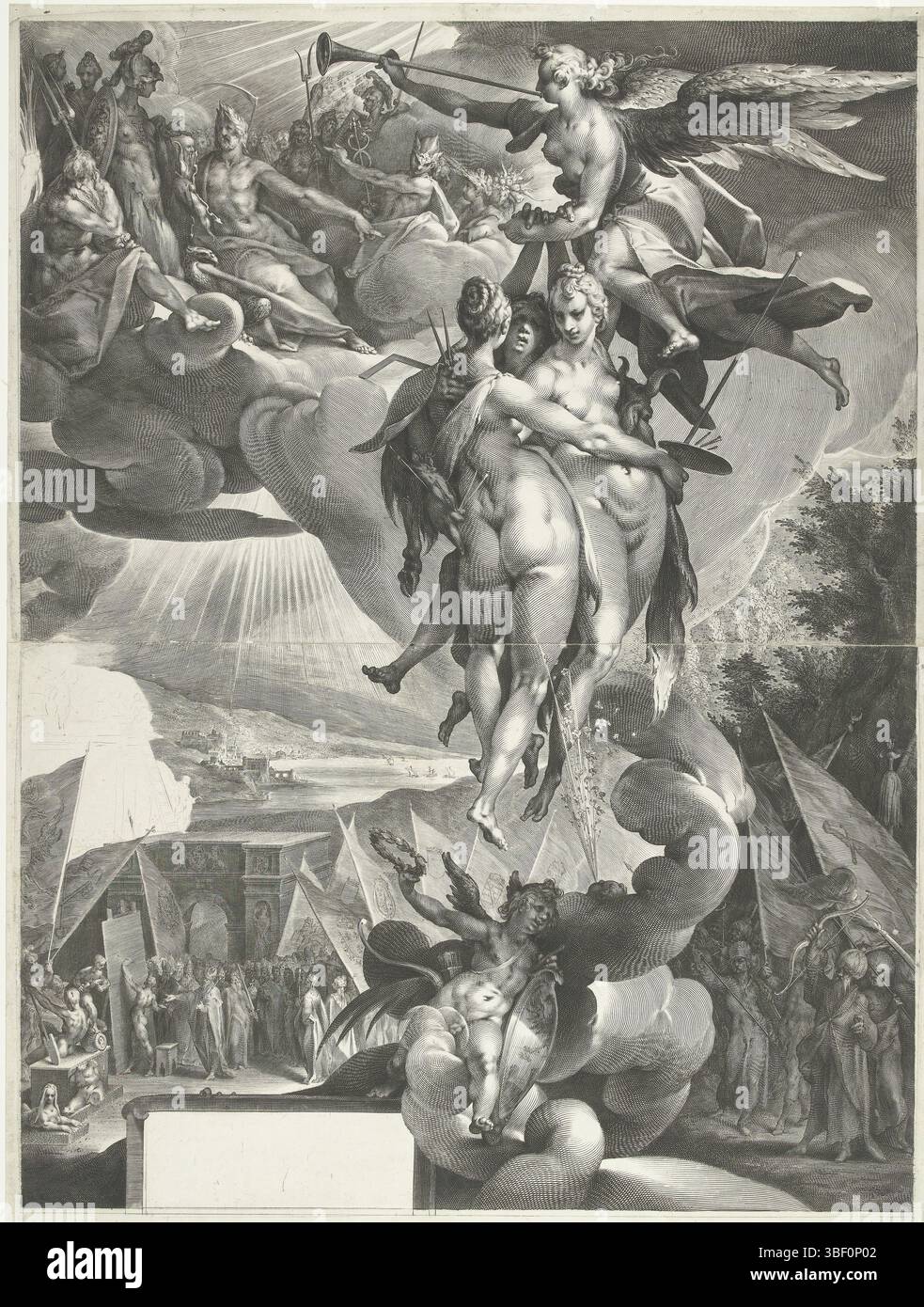Spranger, Bartholomeus, Amsterdam, Muller, Jan Harmensz., apothéose des Arts, verso - estampillé, L'apothéose de l'architecture, de la sculpture et de la peinture. Ils sont conduits par Faam aux dieux de l'Olympe, qui sont assis ensemble sur les nuages. En bas à gauche, les rois, les empereurs et le pape donnent des ordres aux artistes. Juste sous un groupe de combattants turcs., impression, hauteur 685 mm, largeur 510 mm, nord-néerlandais, 1571 - 1628, graveur, 1597 - 1597, papier, gravure, gravure (procédé d'impression), conception d'œuvres, pays-Bas du Sud, 1546-03-21 - 1611-08 Banque D'Images
