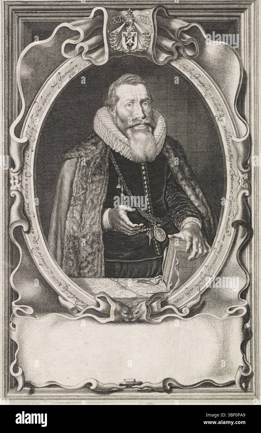 Vorsterman, Lucas (I), Portrait de Johan Huyssen, verso - estampillé, Portrait Johan Huyssen, seigneur de Cattycke, la main gauche reposant sur un livre. Ordre de chevaliers sur une chaîne autour du cou. Portrait dans un cadre ovale avec texte en bordure et cartouche vide au milieu. Johan Huyssen a été anobli le 1er juin 1624 par le roi Jacobus I., estampe, hauteur 200 mm, largeur 129 mm, Zuid-Nederlands, 1595 - 1675, graveur, 1624 - 1674, papier, gravure, gravure (processus d'impression), graveur Banque D'Images
