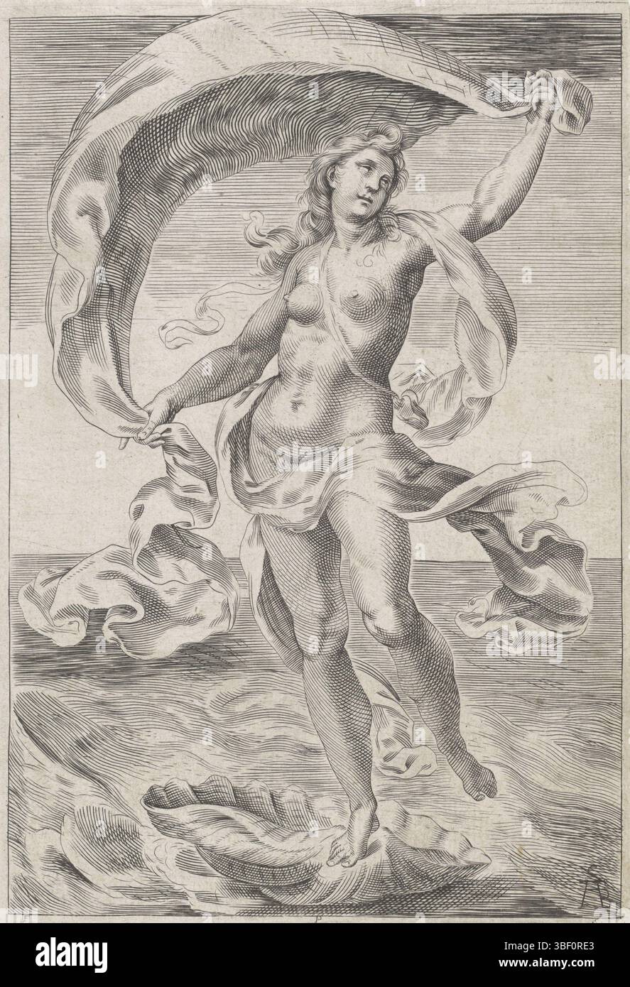Italie, Alberti, Cherubino, monogrammiste FPS, Italie, Vénus, verso - estampillé, Vénus se tient sur sa coquille en mer et tient sa robe dans le vent de sorte qu'elle serve de voile., impression, hauteur 214 mm, largeur 147 mm, 1553 - 1615, graveur, 1563 - 1615, papier, gravure, gravure (procédé d'impression), Maker, conception du travail, 1553 - 1615 Banque D'Images