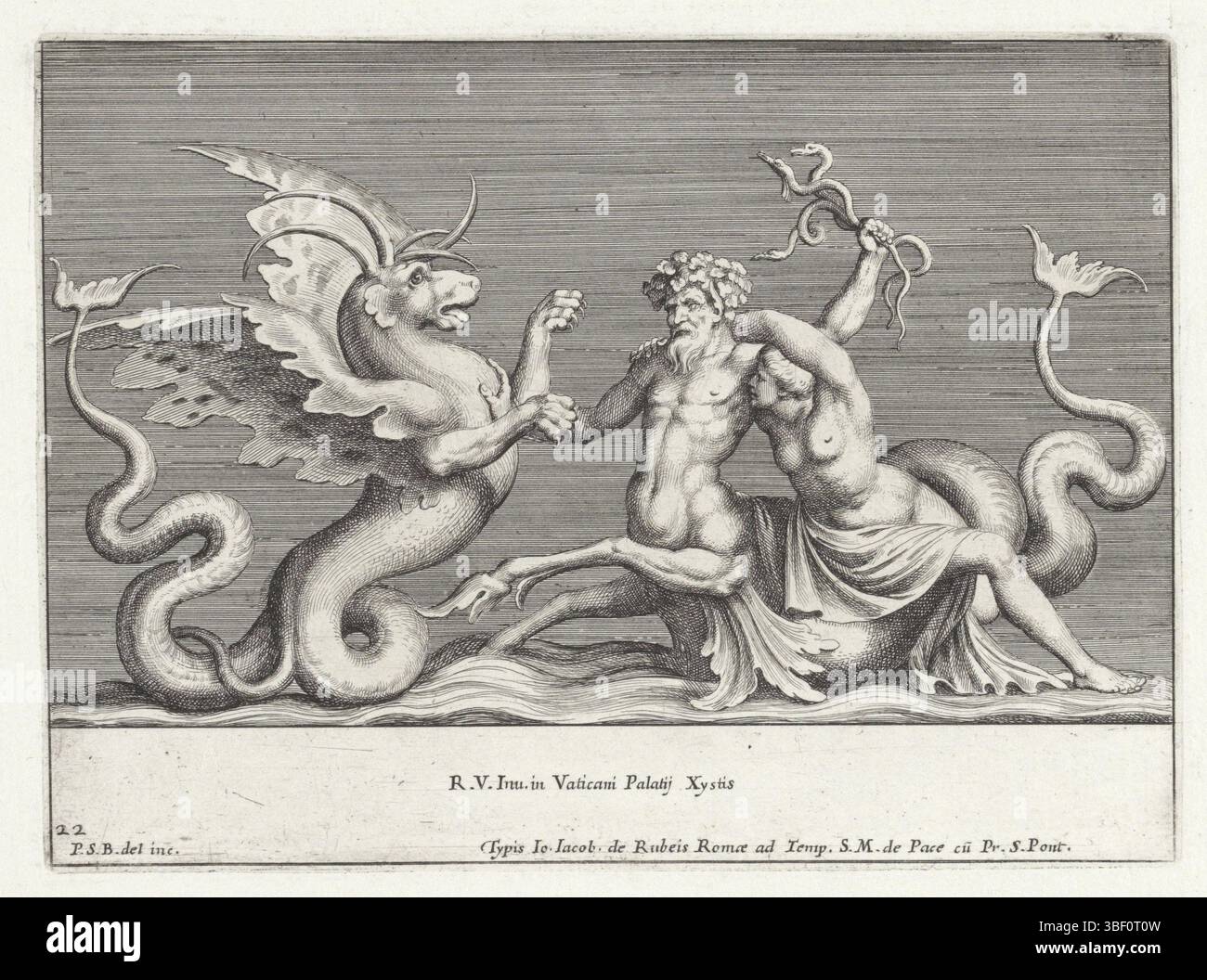 Rome, Rossi, Giovanni Giacomo de', Cité du Vatican, Raphaël, Italie, Bartoli, Pietro Sante, Relievens dans la Loggia de Raphaël, Triton dans la bataille avec un monstre marin, Rome, Un triton, avec une figure féminine sur le dos, dans la bataille avec un monstre marin., impression, hauteur 130 mm, largeur 179 mm, italien, 1615 - 1700-11-07, traîneau intermédiaire, après dessin, 1645 - 1700, papier, gravure, gravure, graphisme (procédé d'impression), conception d'œuvres, 1483-04-07 - 1520-04-07, selon la conception, concept de travail, par conception, publication (événement), 1627 - 1691, éditeur Banque D'Images