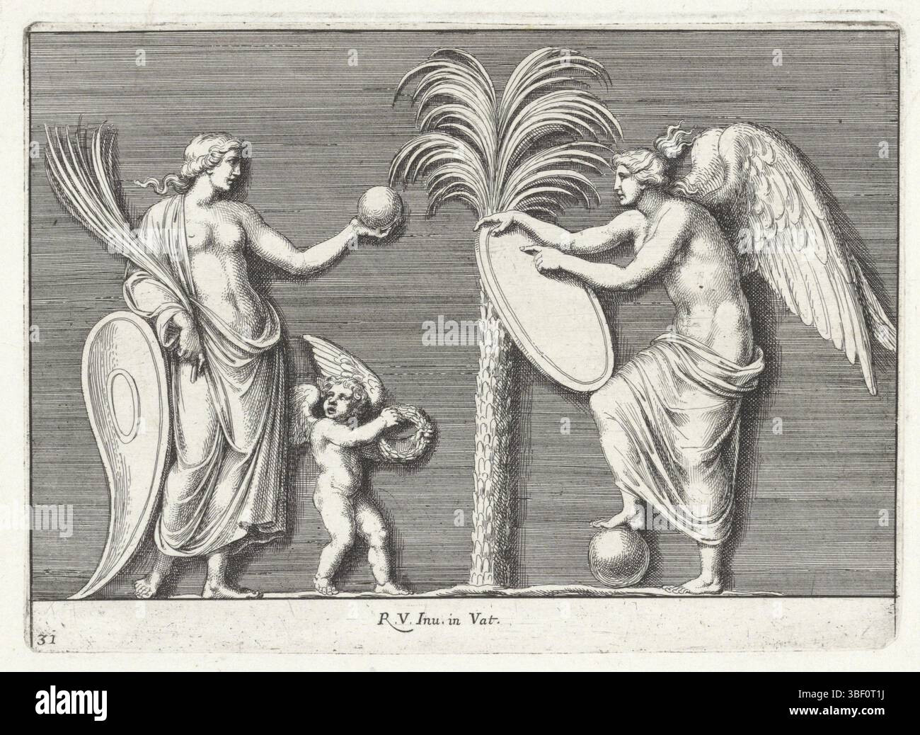 Rome, Rossi, Giovanni Giacomo de', Cité du Vatican, Rapael, Italie, Bartoli, Pietro Sante, Relievens dans la Loggia de Raphaël, Vénus, Amor et Victorie, Rome, Amor et Victorie debout à un palmier., impression, hauteur 127 mm, largeur 177 mm, italien, 1615 - 1700-11-07, graveur, 1645 - 1700, papier, gravure, gravure, gravure (procédé d'impression), dessinateur intermédiaire, dessin de, conception de travail, 1483-04-07 - 1520-04-07, après conception, 1483-04-07 - 1520-07, 1520-04-07, après publication, publication, Banque D'Images
