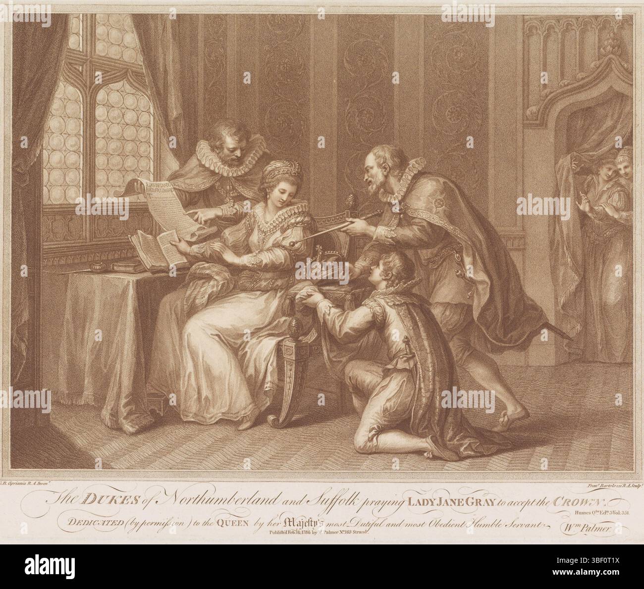 Londres, Palmer, William, Angleterre, Hume, David, Italie, Cipriani, Giovanni Battista, Bartolozzi, Francesco, les ducs de Northumberland et du Suffolk priant Lady Jane Gray d'accepter la couronne, Hertogen van Northumberland et Suffolk demandent à Lady Jane Grey d'accepter la couronne, Londres, verso - manuscrit au crayon, les Hertogen van Northumberland et Suffolk montrent une couronne et un sceptre à Lady Jane Grey et lui demandent de l'accepter. Titre et texte en anglais dans la marge inférieure., impression, verso - estampillé, no 1460, hauteur 322 mm, largeur 390 mm, italien, 1727-09-25 - 1815-03-07, graveur, 1786-02-14 - 1786-02-14 Banque D'Images