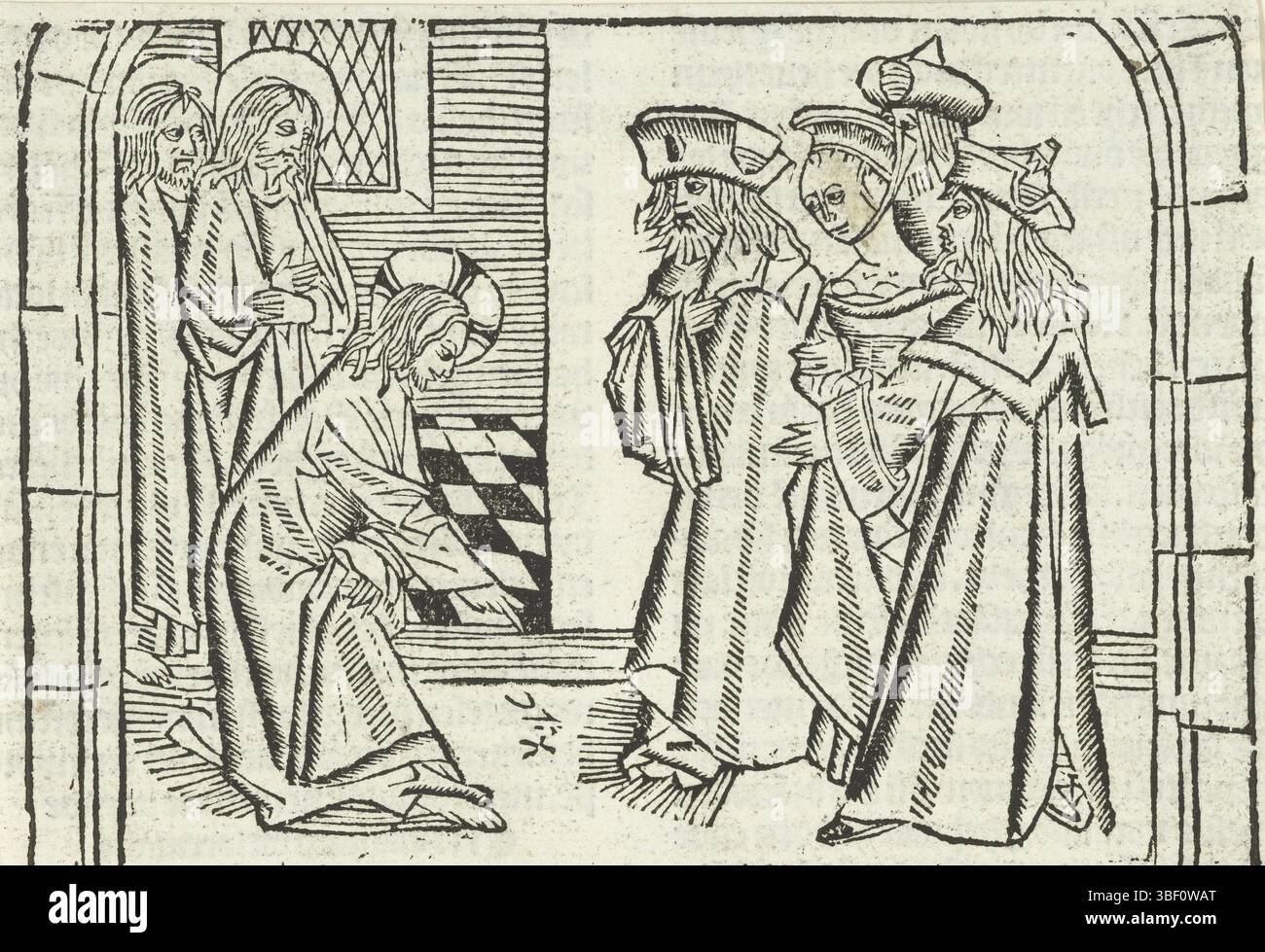 Les pays-Bas, Maître de la Vierge entre vierges, les pays-Bas, Maître de la Delbecq-Schreiber-Passie, Maître de Delft, Christ et la femme adultère, le Christ écrit avec le doigt sur le sol. Deux disciples à côté de lui. Trois pharisiens tiennent des femmes adultères., impression, illustration de livre, estampes, hauteur 98 mm, largeur 142 mm, Nord-néerlandais, inconnu, 1480 - 1500, quatrième quart 15e siècle, premier quart 16e siècle, papier, gravure sur bois, sud des pays-Bas, nord des pays-Bas, inconnu Banque D'Images